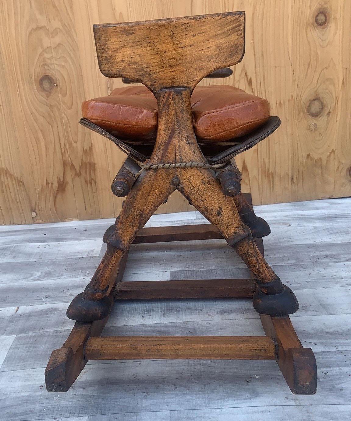 Antique Carved Turkish Wood Camel Rocker with Leather Cushion Seat For Sale 1