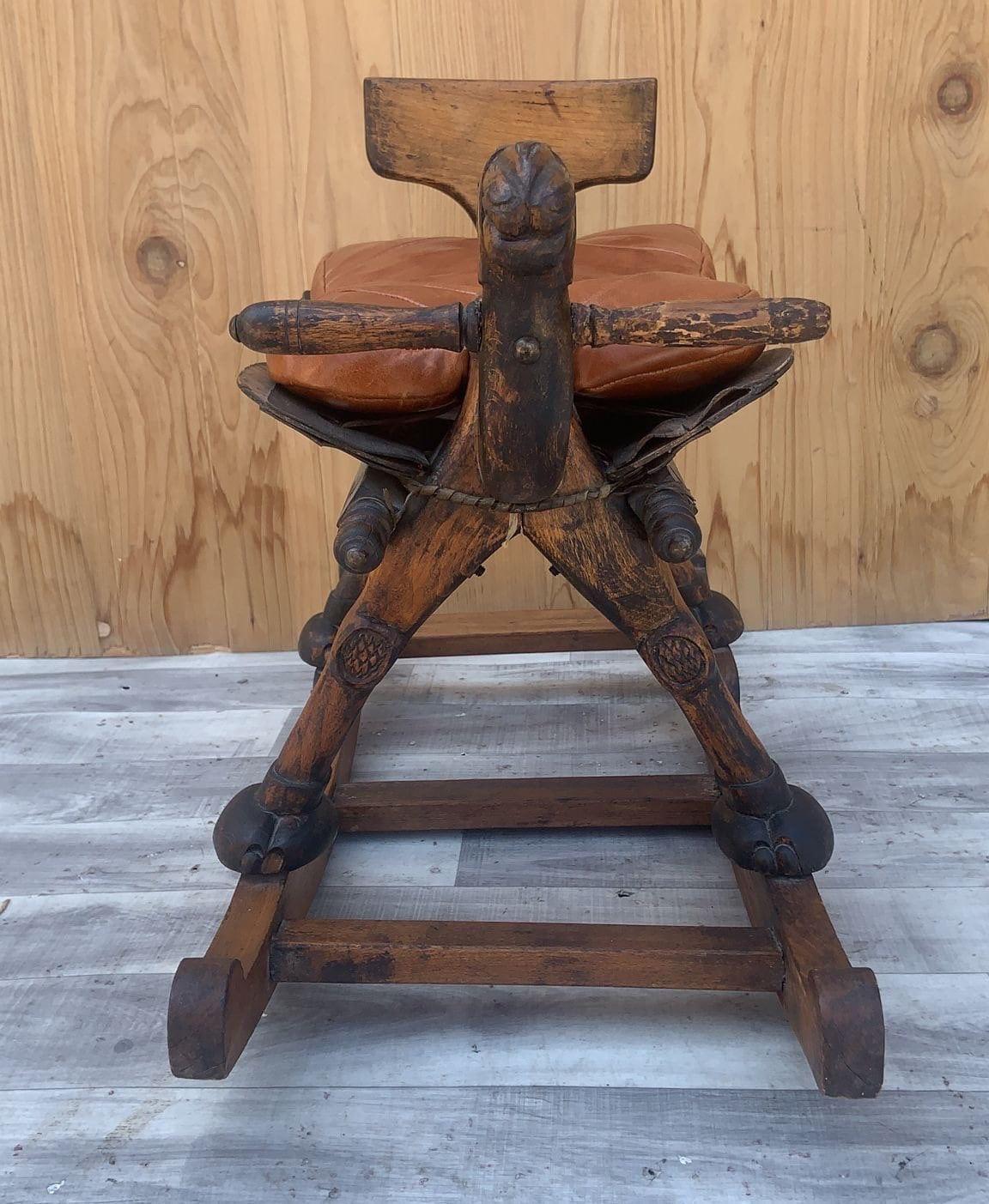 Antique Carved Turkish Wood Camel Rocker with Leather Cushion Seat For Sale 2