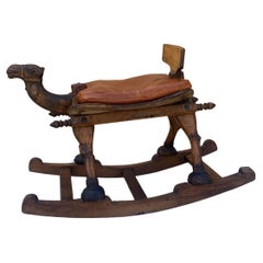 Vintage Hand Carved Turkish Wood Camel Rocker with Leather Cushion Seat