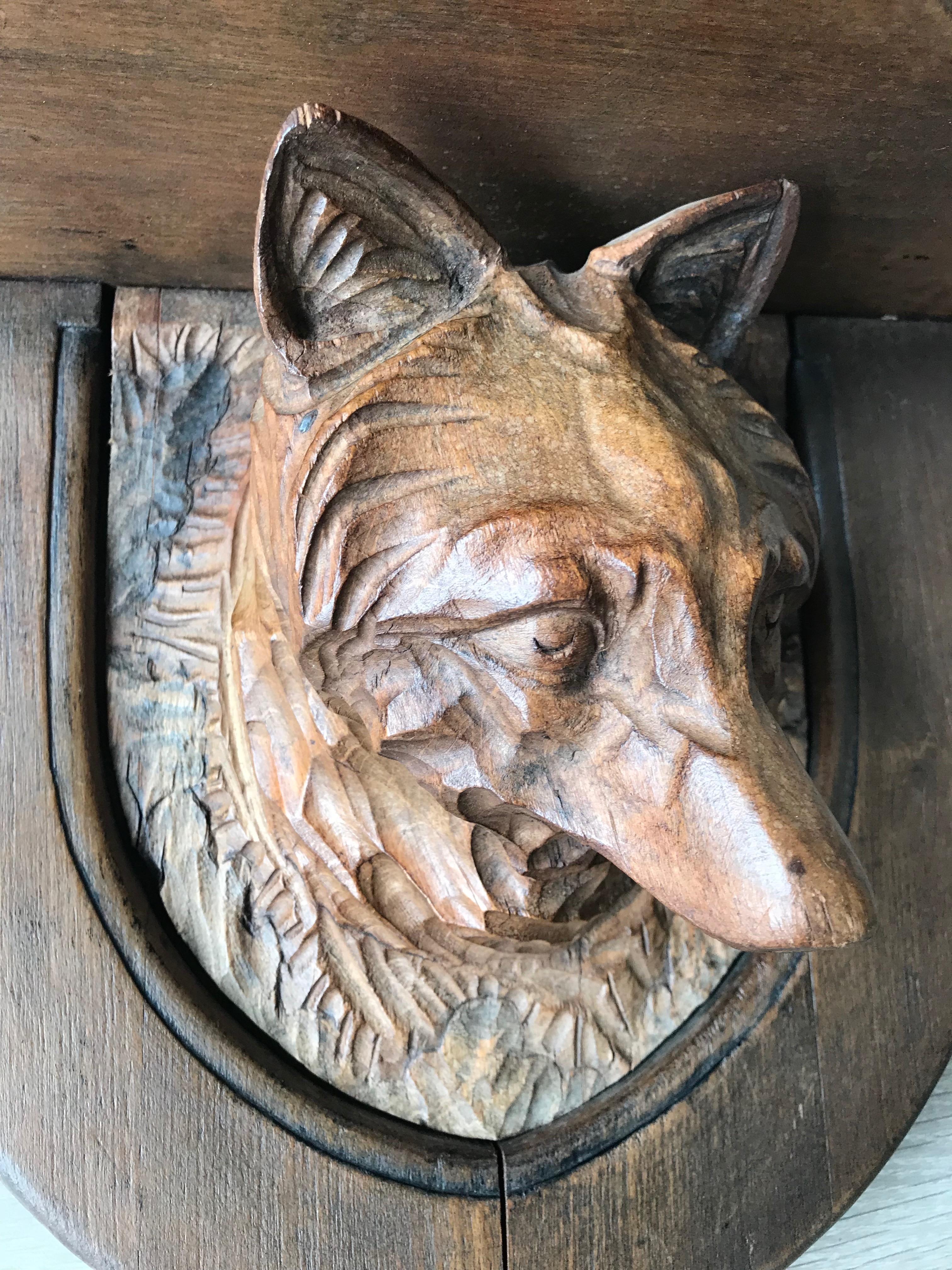 Wood Antique Hand-Carved Wall Bracket, Console or Shelf with Fox, Faux Taxidermy