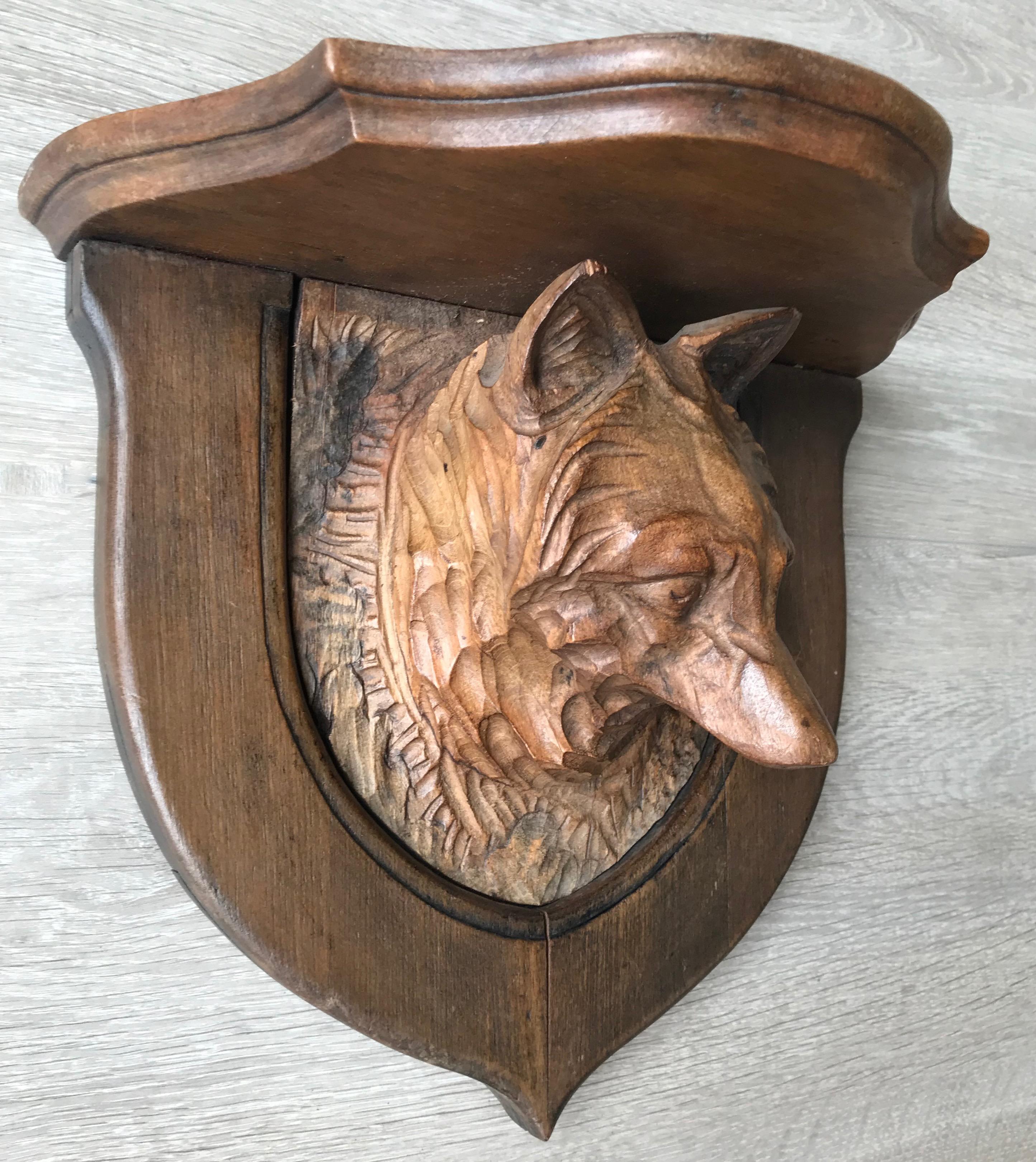 Antique Hand-Carved Wall Bracket, Console or Shelf with Fox, Faux Taxidermy 2