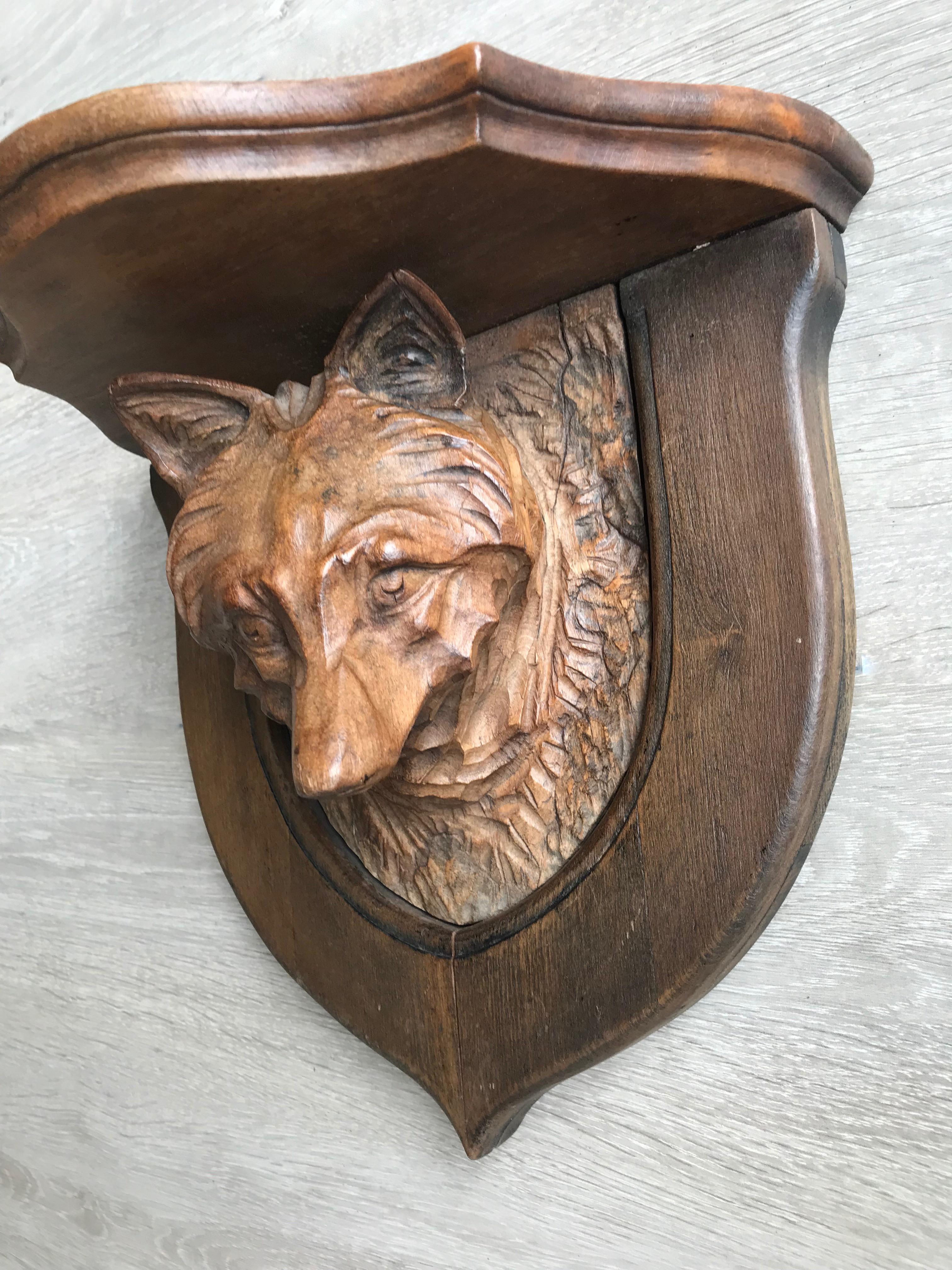 Antique Hand-Carved Wall Bracket, Console or Shelf with Fox, Faux Taxidermy 4