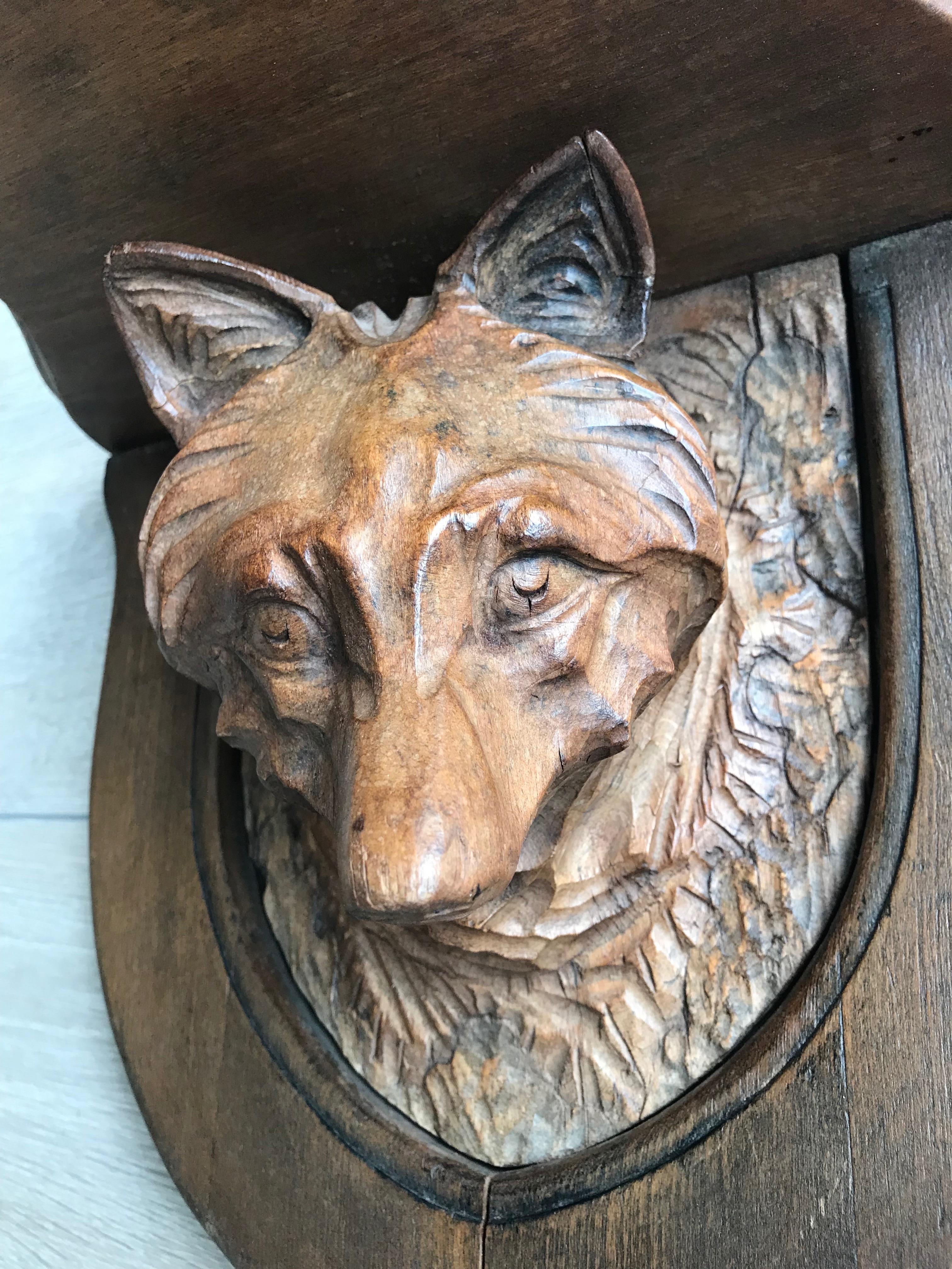 Antique Hand-Carved Wall Bracket, Console or Shelf with Fox, Faux Taxidermy 5