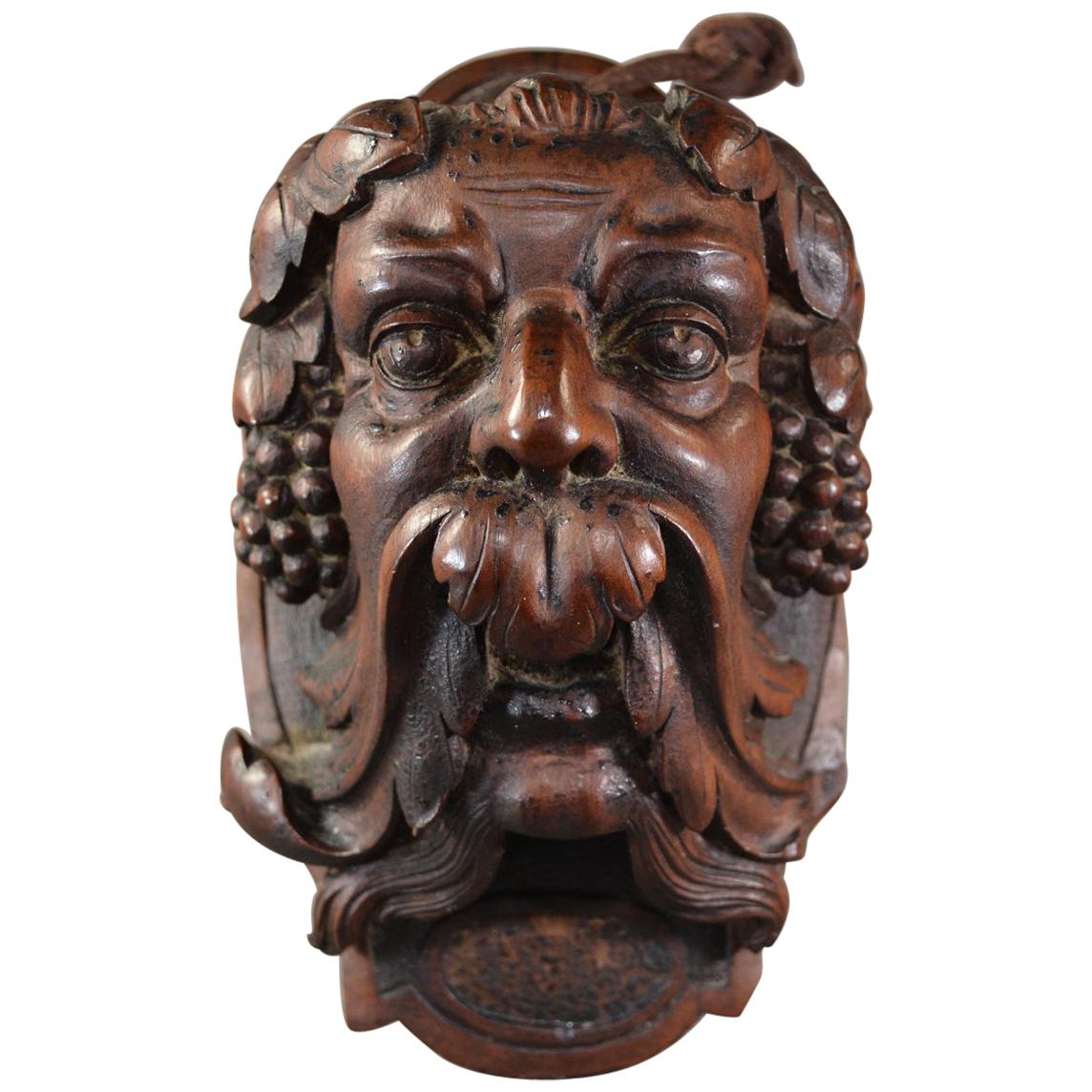 Antique Hand Carved Walnut Bacchus Head For Sale