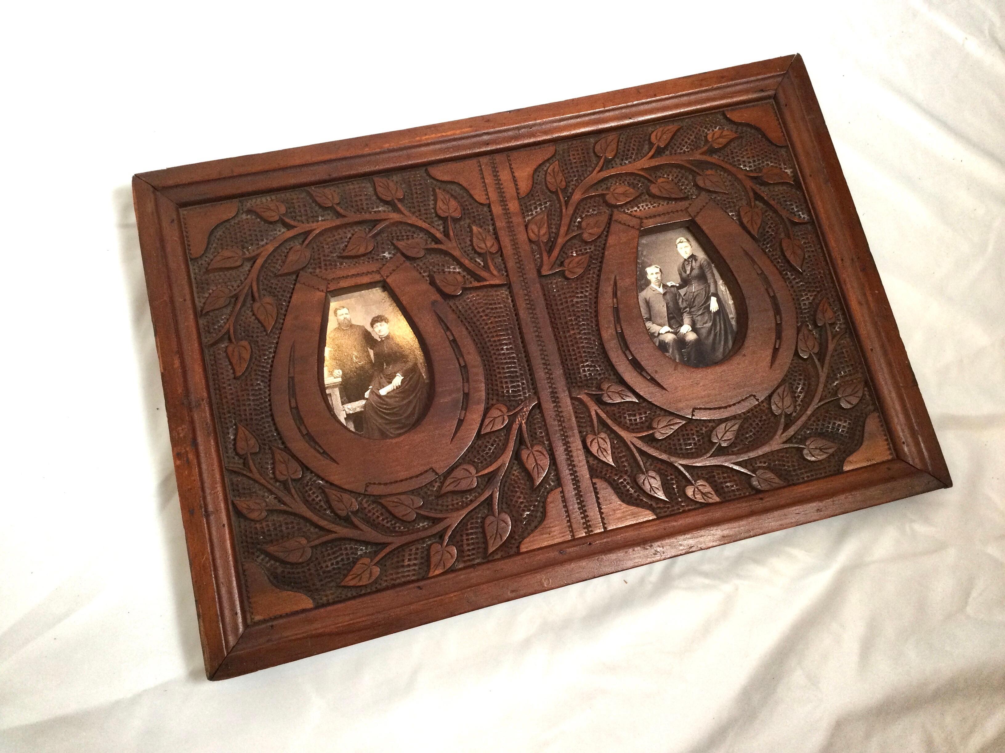 Aesthetic Movement Antique Hand Carved Walnut Double Picture Frame