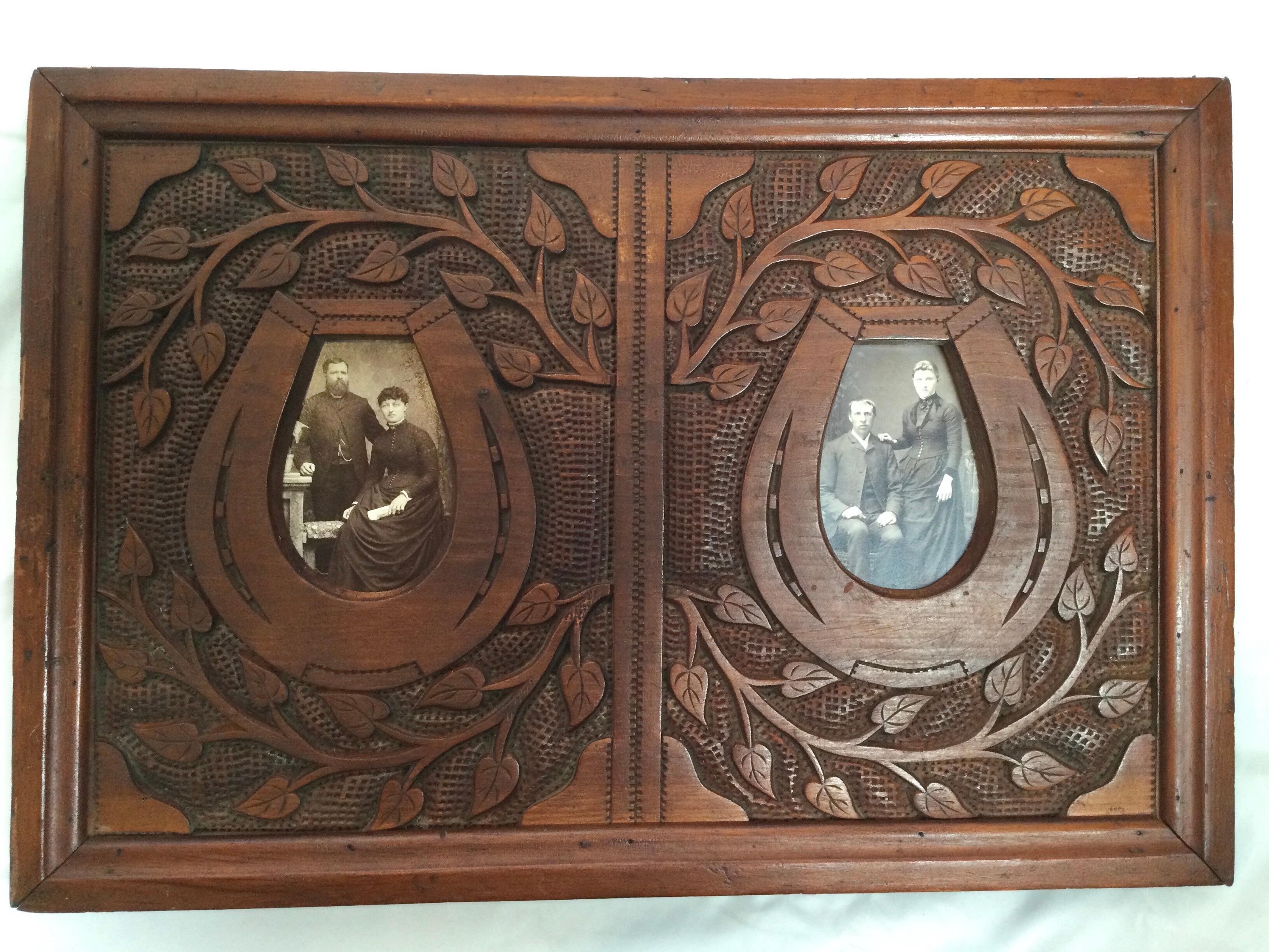 American Antique Hand Carved Walnut Double Picture Frame