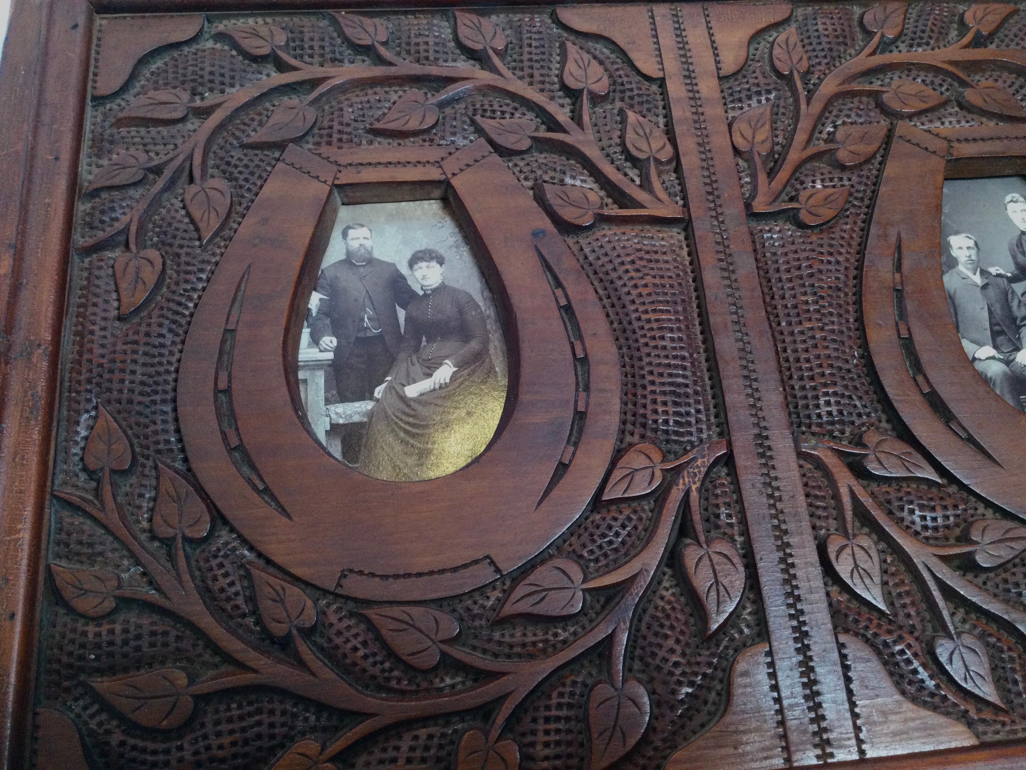 Hand-Carved Antique Hand Carved Walnut Double Picture Frame