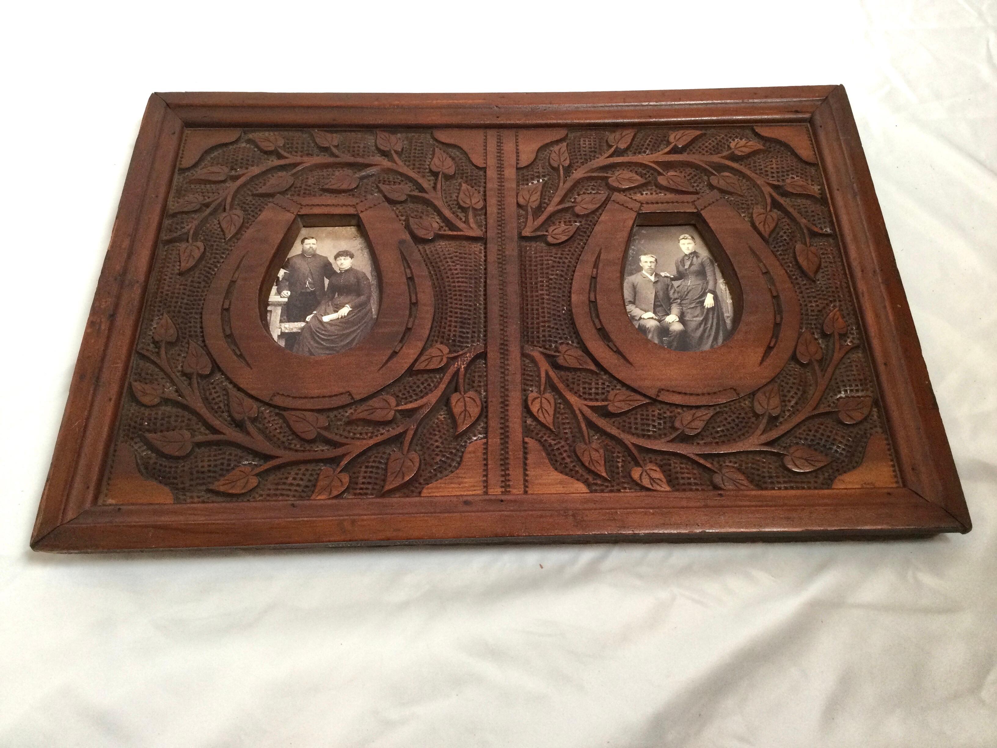 Antique Hand Carved Walnut Double Picture Frame In Good Condition In Lambertville, NJ