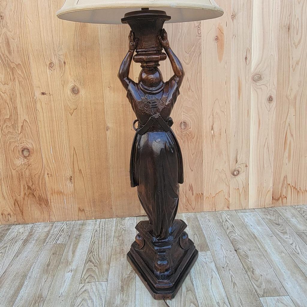Art Nouveau Antique Hand Carved Walnut Figural Lamp with Shade For Sale