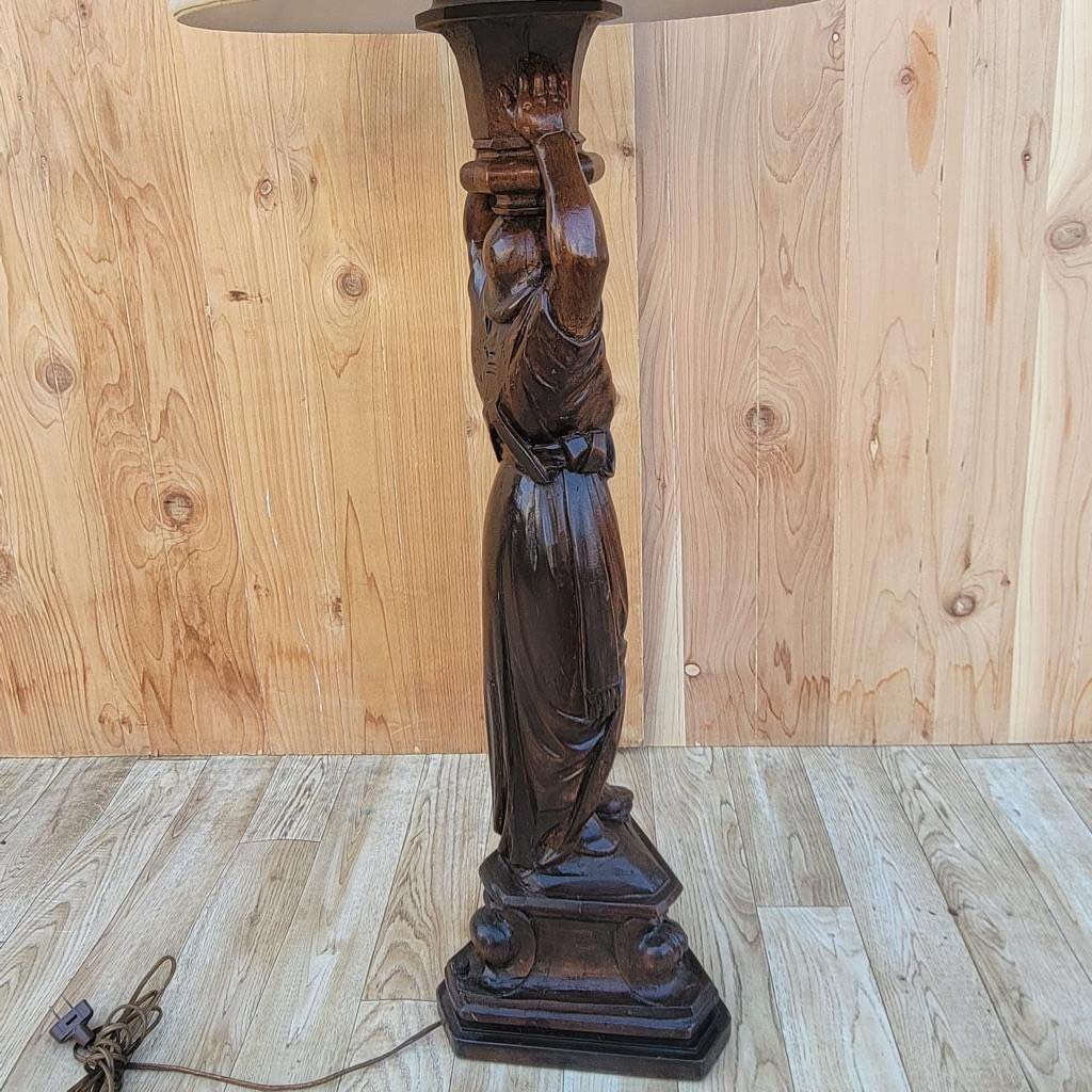 Unknown Antique Hand Carved Walnut Figural Lamp with Shade For Sale