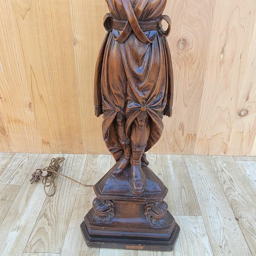 Antique Hand Carved Walnut Figural Lamp with Shade In Good Condition For Sale In Chicago, IL