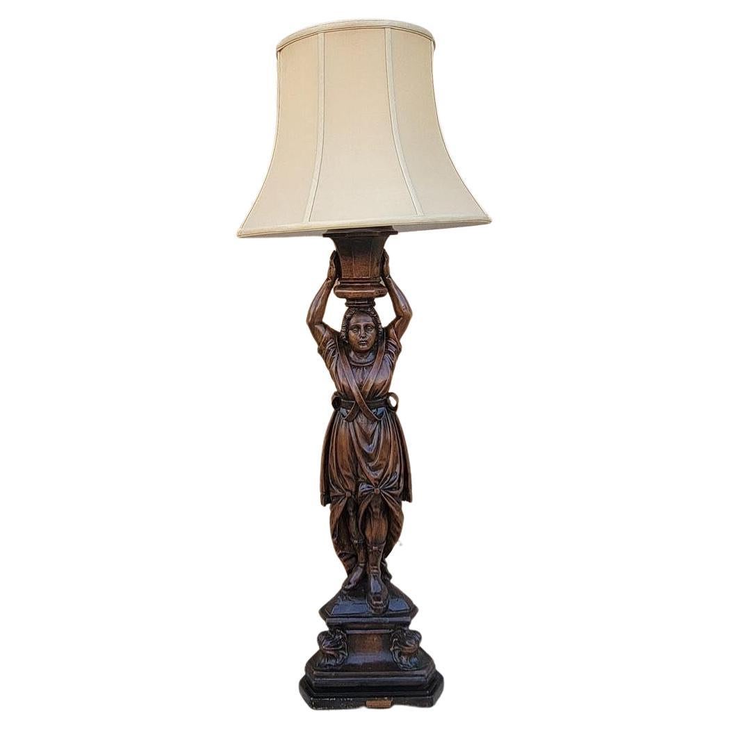 Antique Hand Carved Walnut Figural Lamp with Shade For Sale