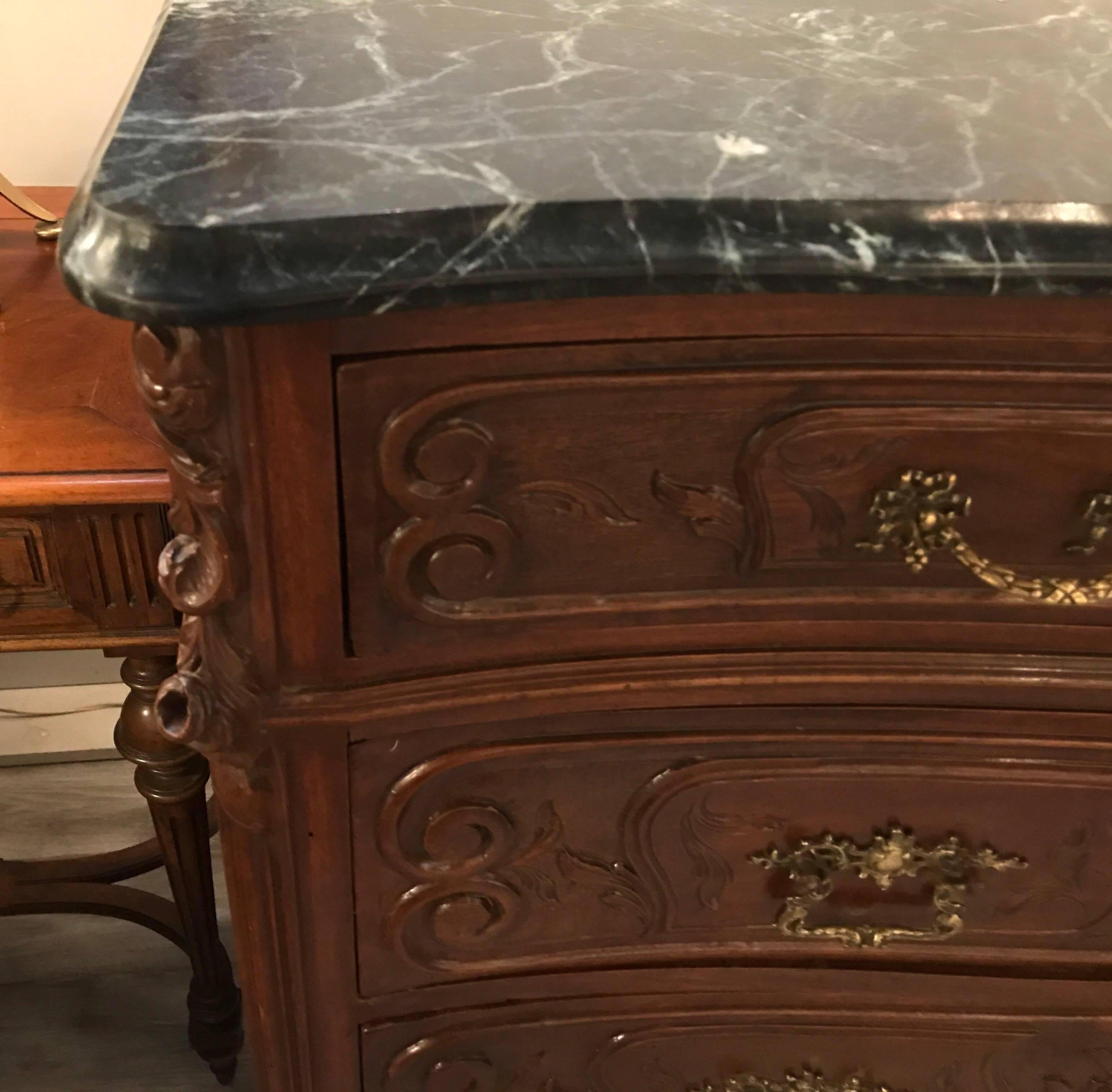 Antique Hand Carved Walnut French Commode In Excellent Condition In Lambertville, NJ