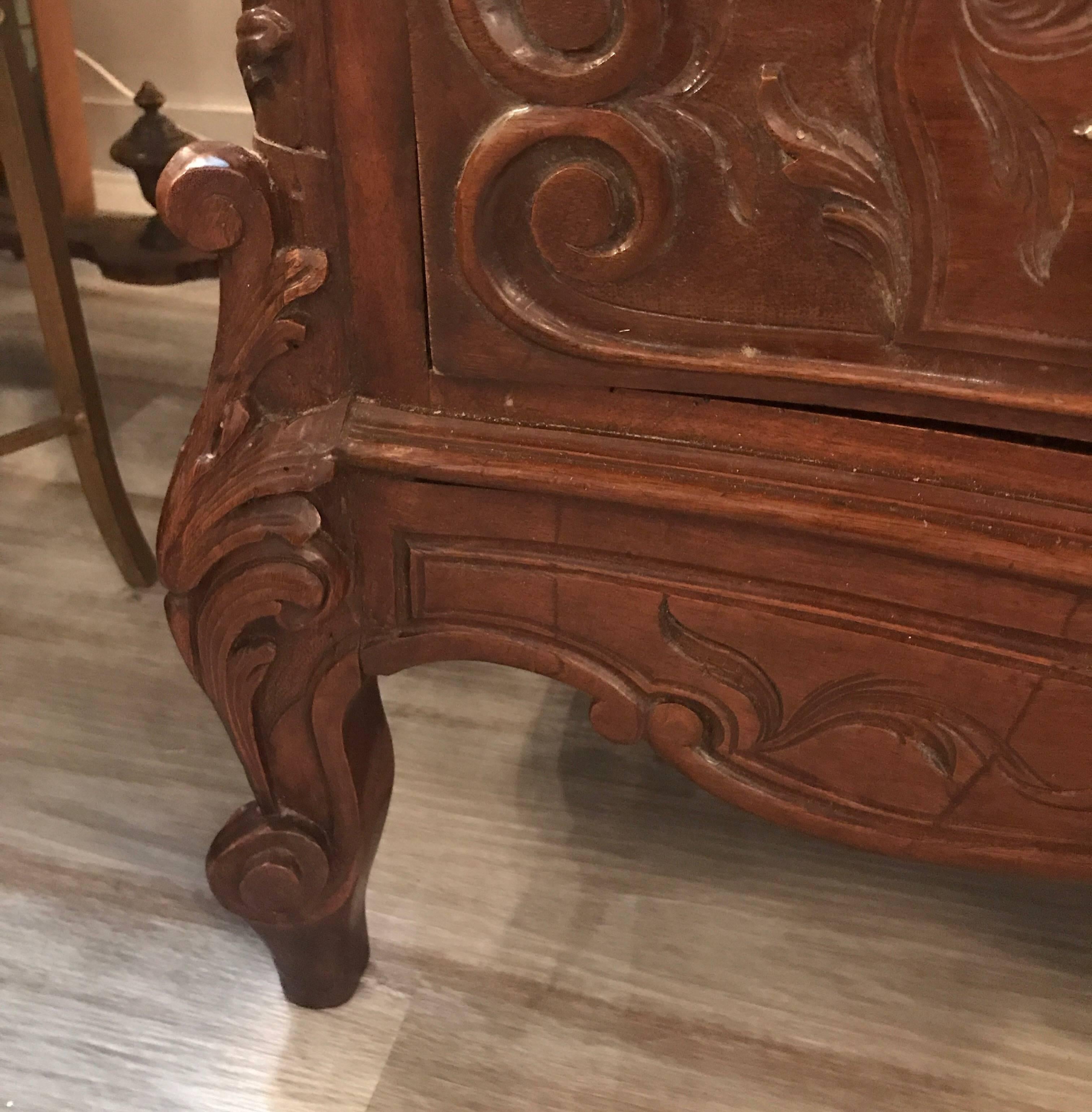Marble Antique Hand Carved Walnut French Commode