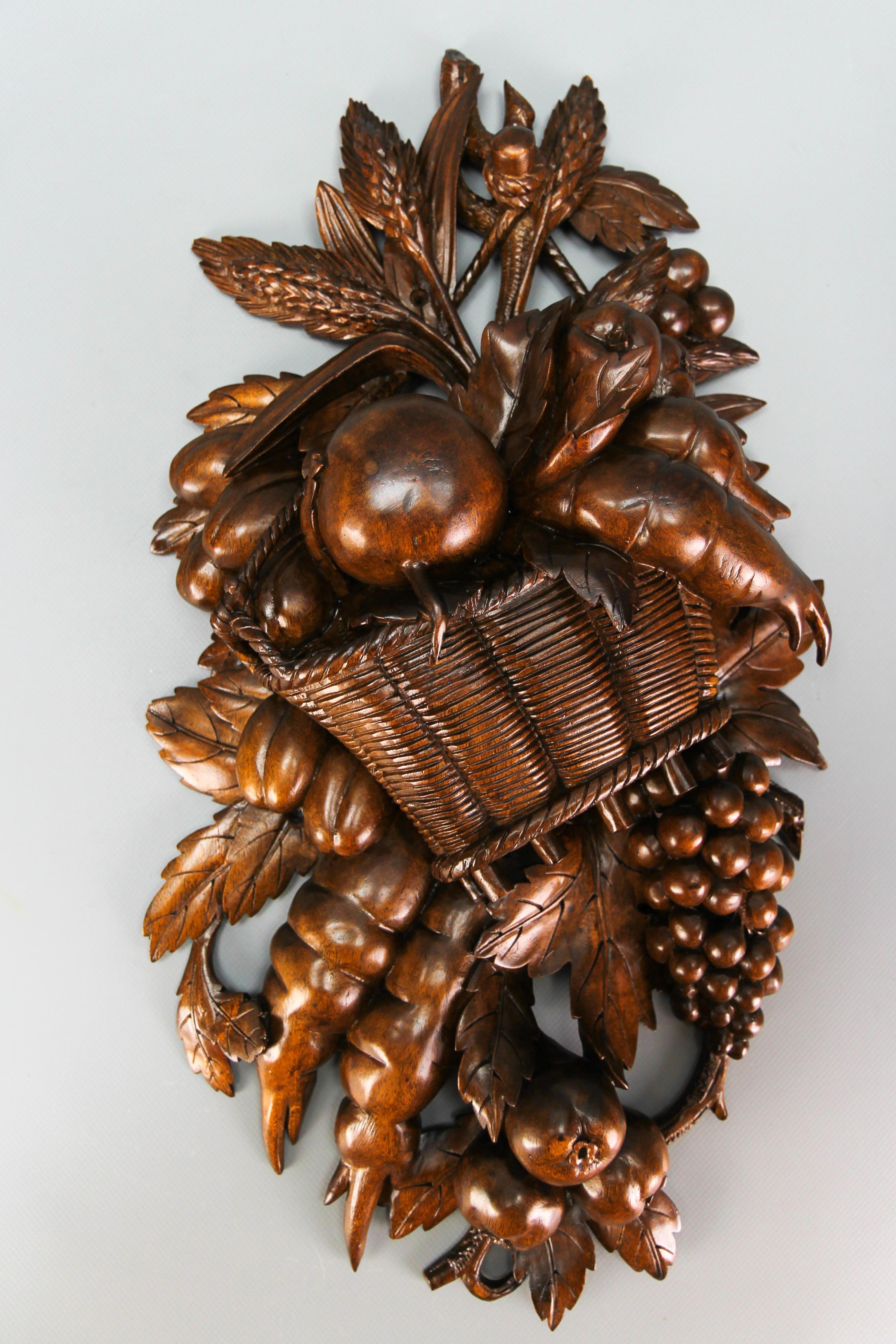 Black Forest Antique hand carved Walnut Wall Plaque Fruits and Vegetables, Early 20th Century For Sale