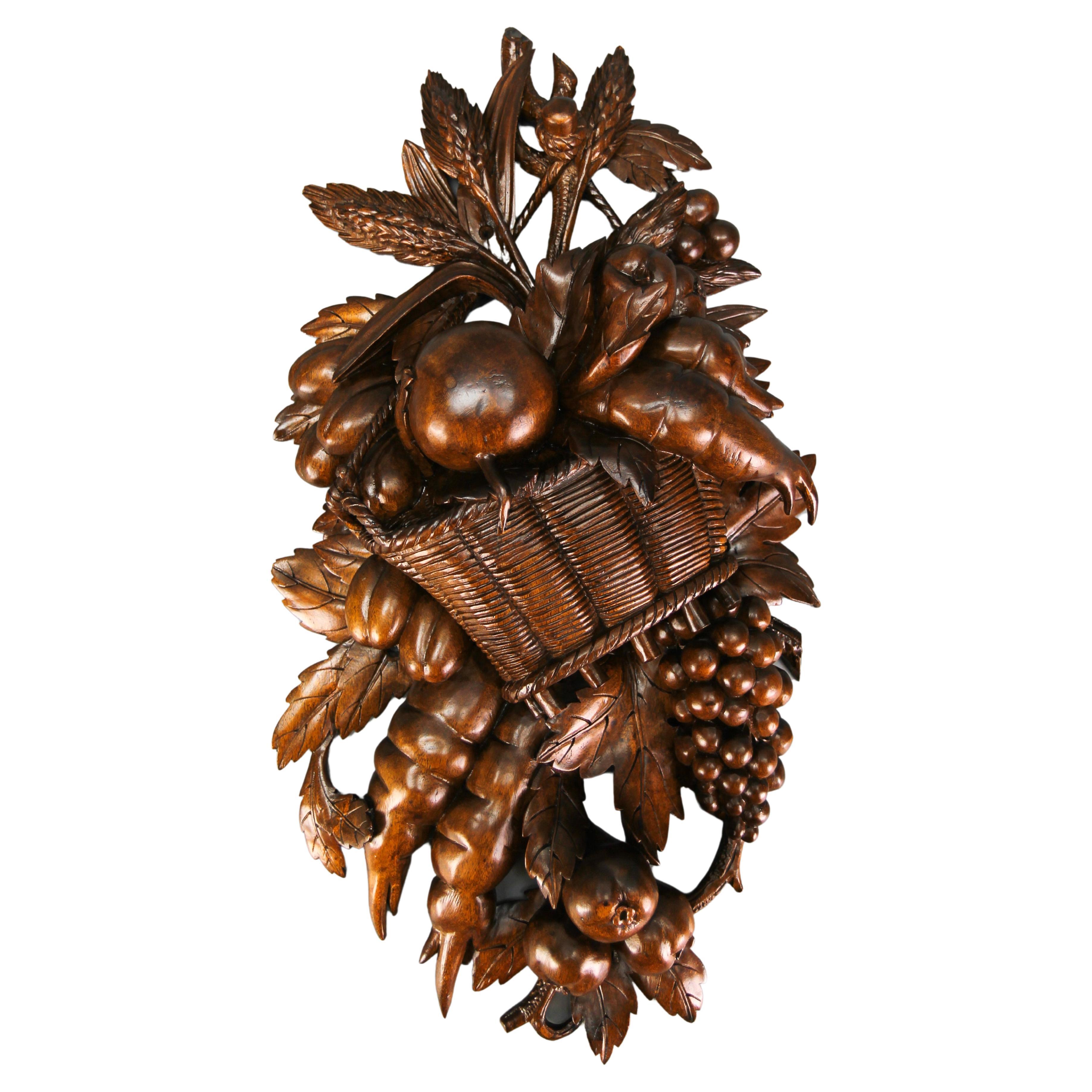 Antique hand carved Walnut Wall Plaque Fruits and Vegetables, Early 20th Century For Sale