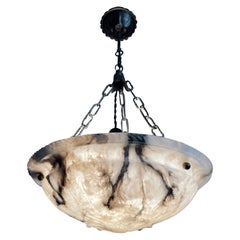 Antique Hand Carved White Alabaster Pendant / Chandelier w. Black Veins & Chain
