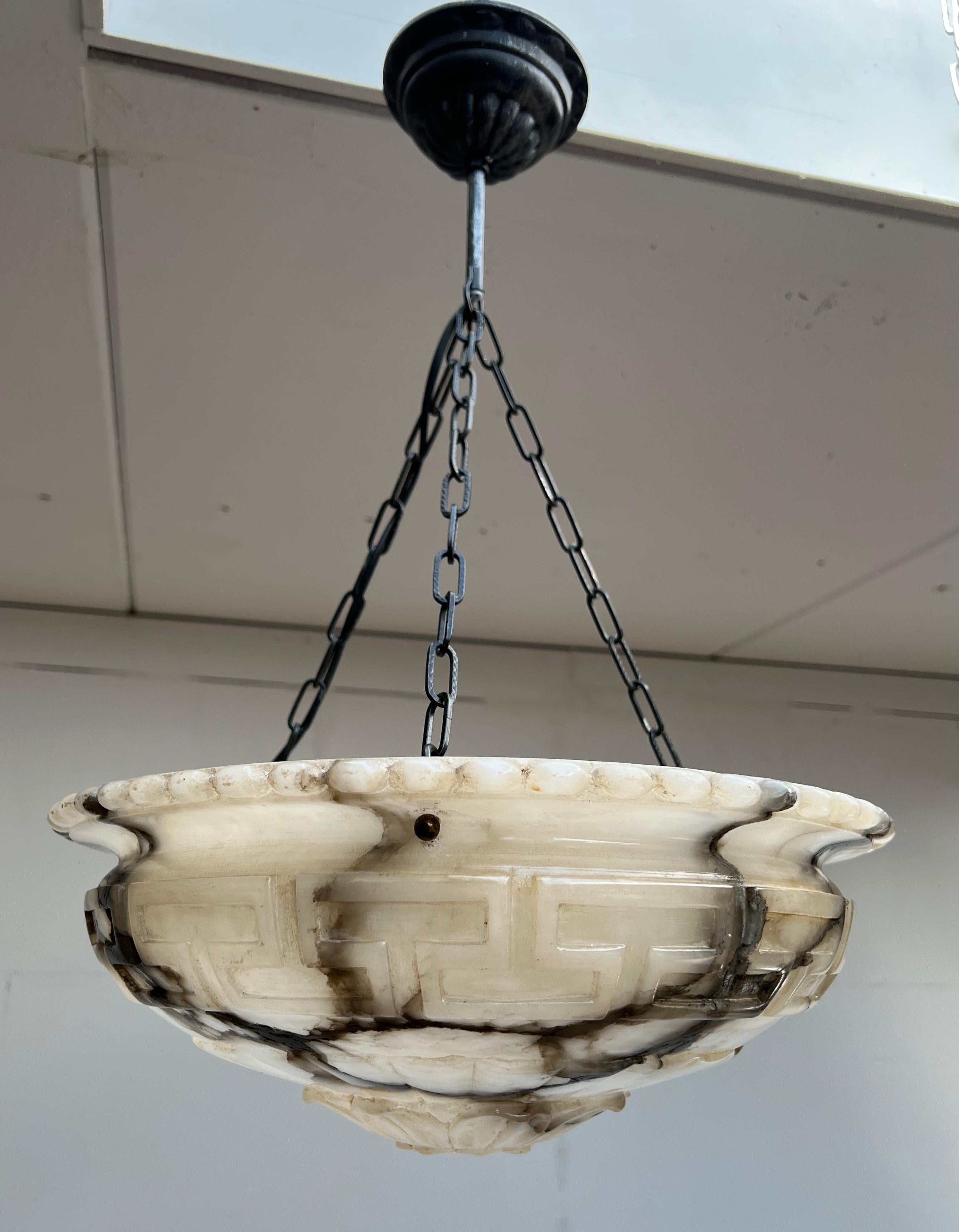 Greek Revival Antique Hand Carved White Alabaster Pendant / Chandelier w. Striking Black Veins