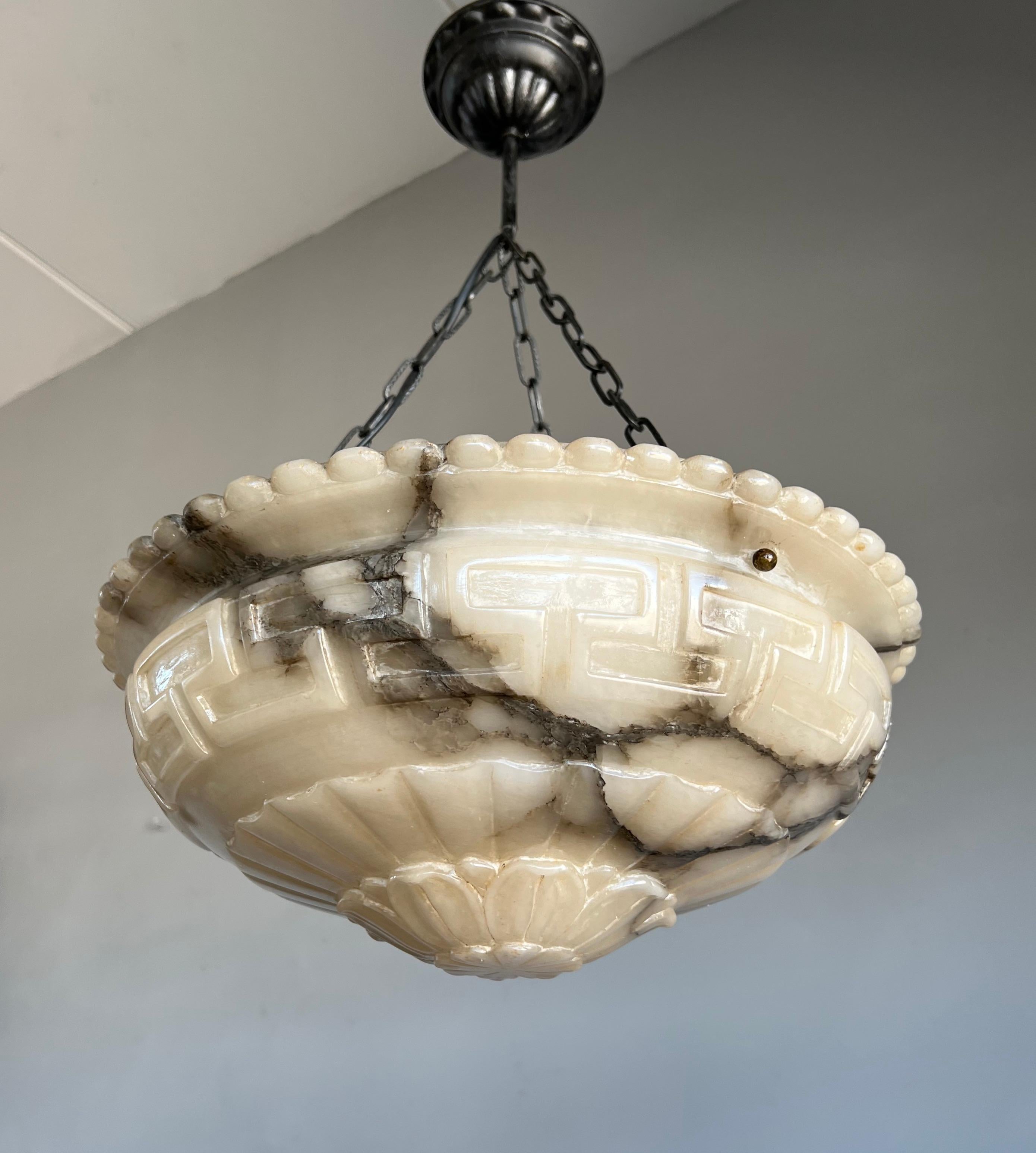 Blackened Antique Hand Carved White Alabaster Pendant / Chandelier w. Striking Black Veins