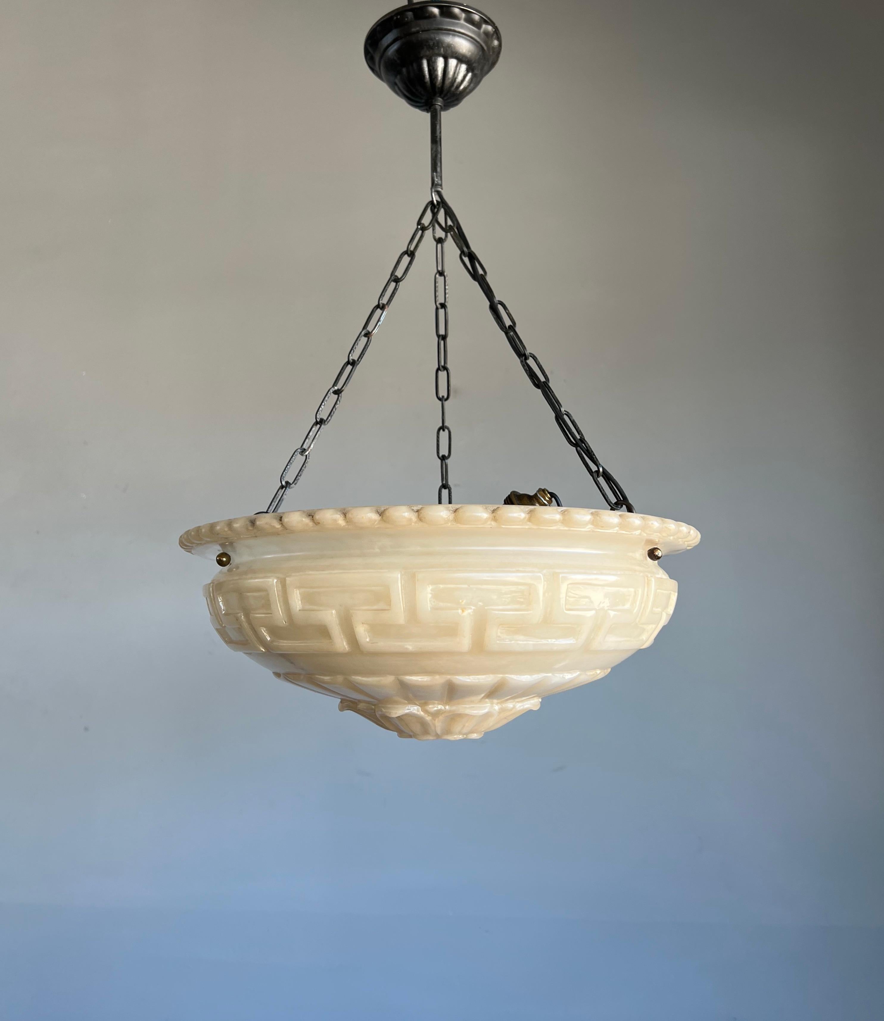 Brass Antique Hand Carved White Alabaster Pendant / Chandelier w. Striking Black Veins