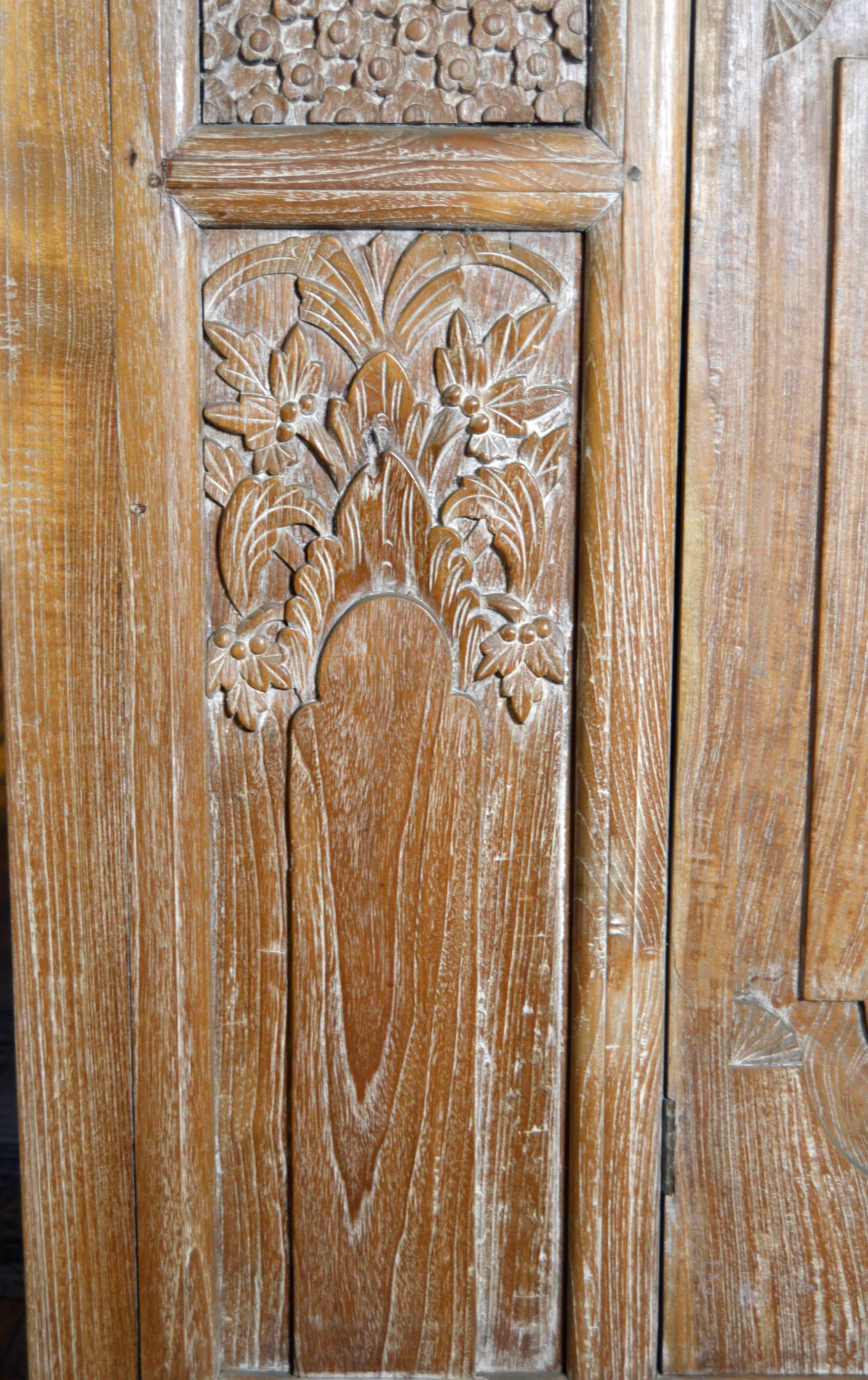 Indonesian Antique Hand-Carved White Washed Teak Cabinet with Scrollwork and Paneled Doors