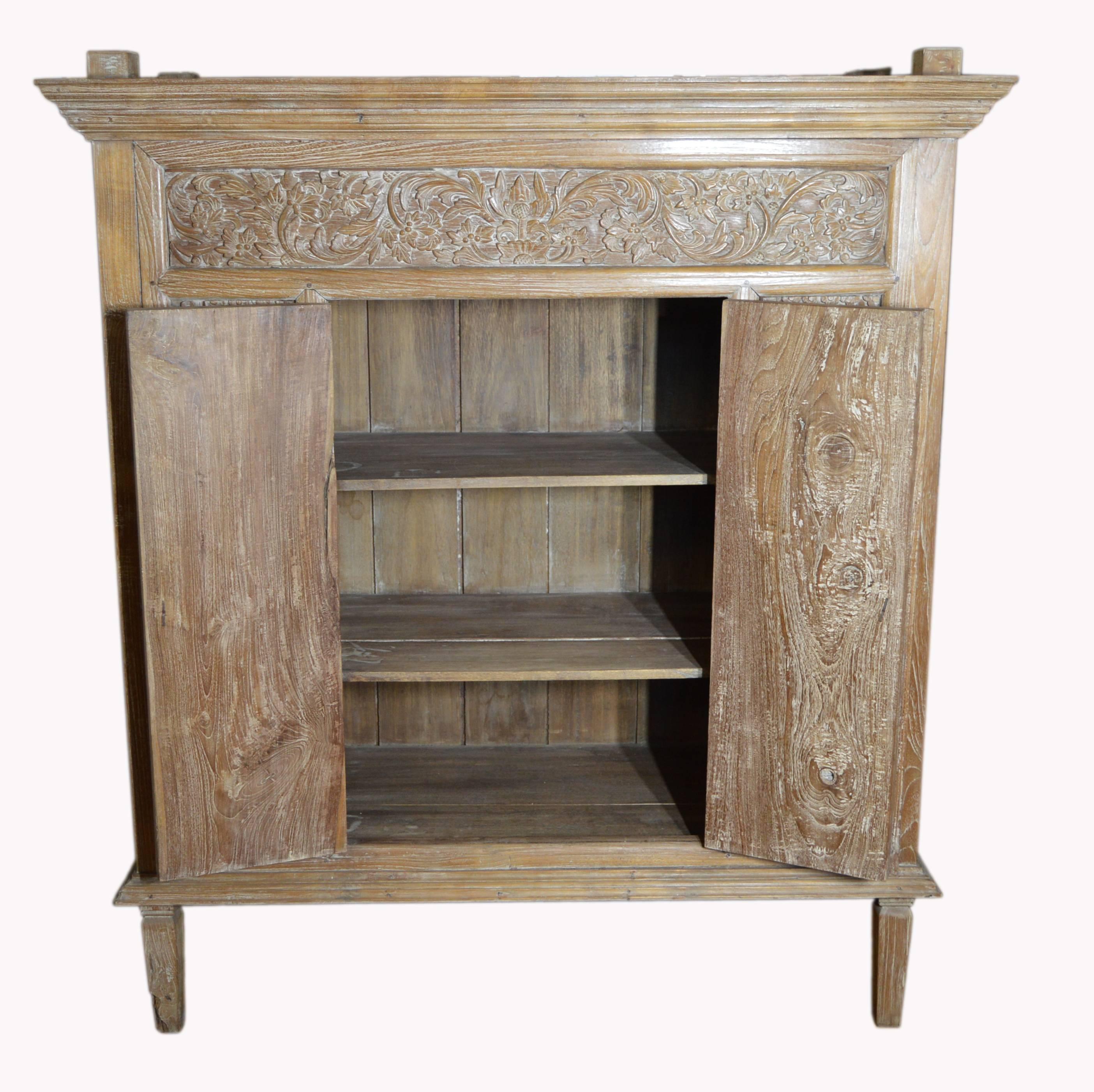 19th Century Antique Hand-Carved White Washed Teak Cabinet with Scrollwork and Paneled Doors