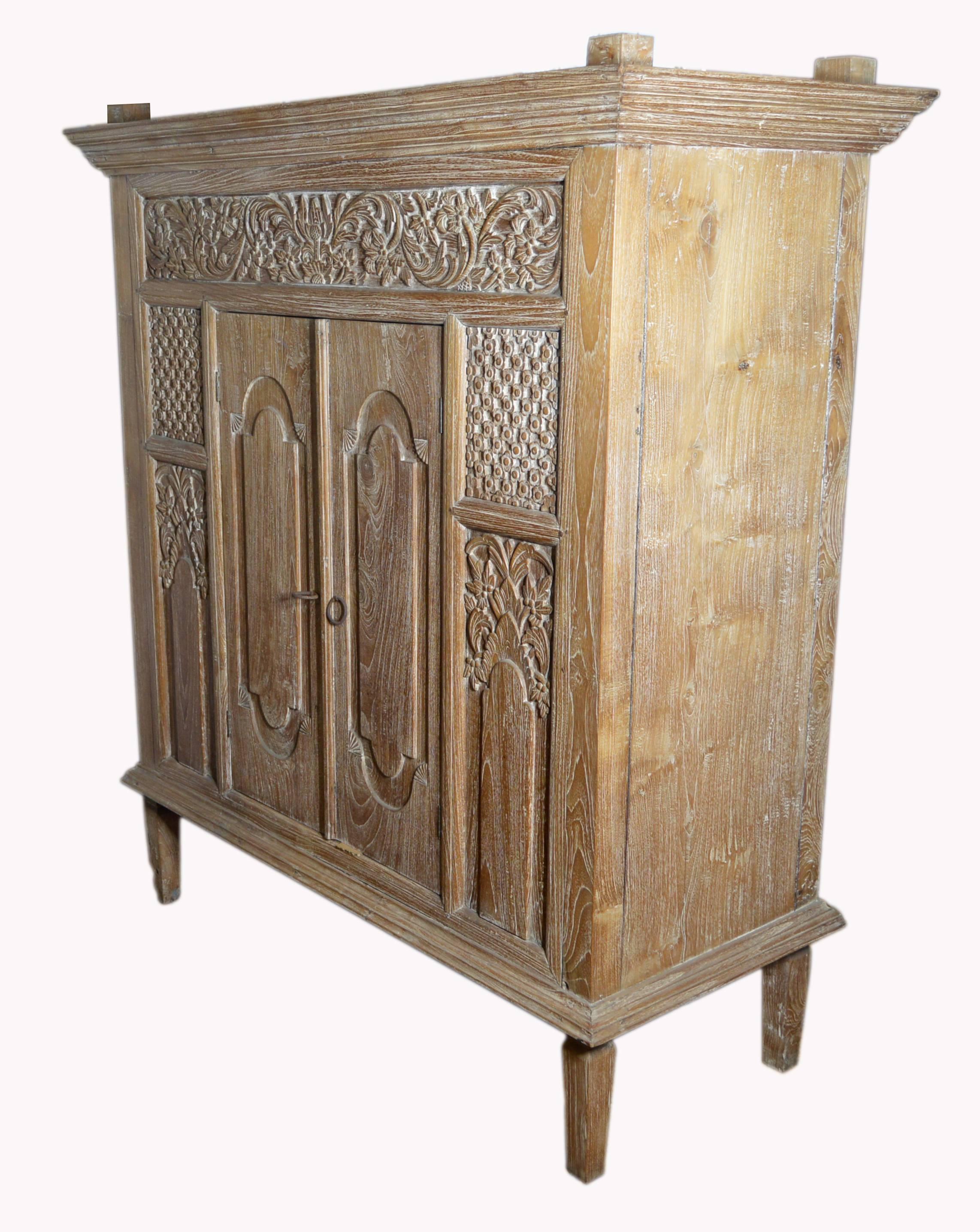 Wood Antique Hand-Carved White Washed Teak Cabinet with Scrollwork and Paneled Doors
