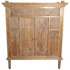 Antique Hand-Carved White Washed Teak Cabinet with Scrollwork and Paneled Doors