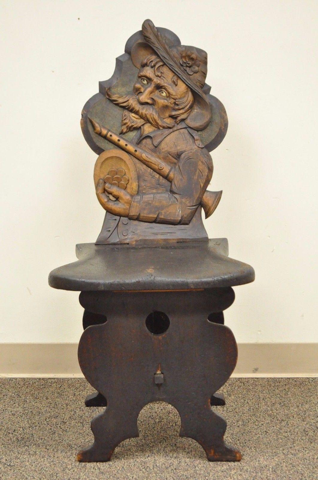 Antique Hand-Carved Wood Figural Bard Musician Medieval Gothic Tavern Side Chair 4