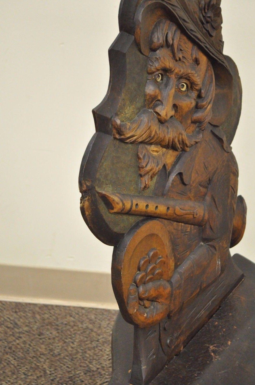European Antique Hand-Carved Wood Figural Bard Musician Medieval Gothic Tavern Side Chair
