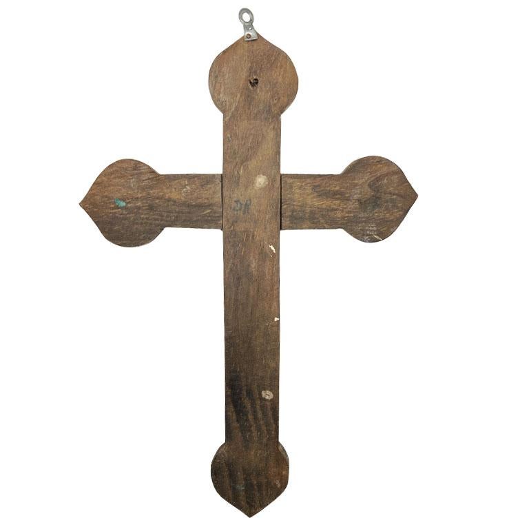 Antique Hand-Carved Wood Painted Mexican Cross with Floral Motif - Mexico For Sale 5