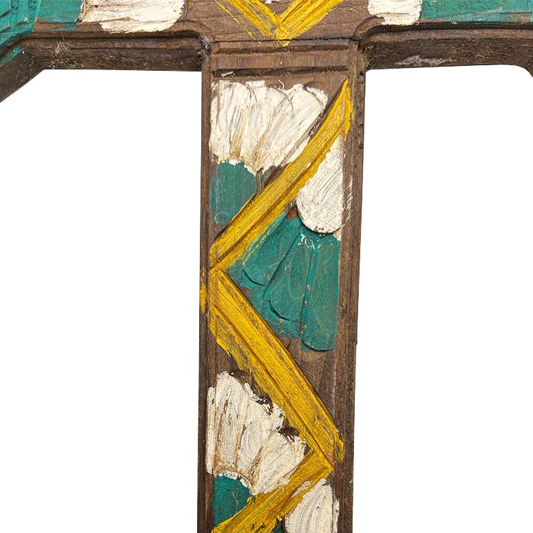 Spanish Colonial Antique Hand-Carved Wood Painted Mexican Cross with Floral Motif - Mexico For Sale