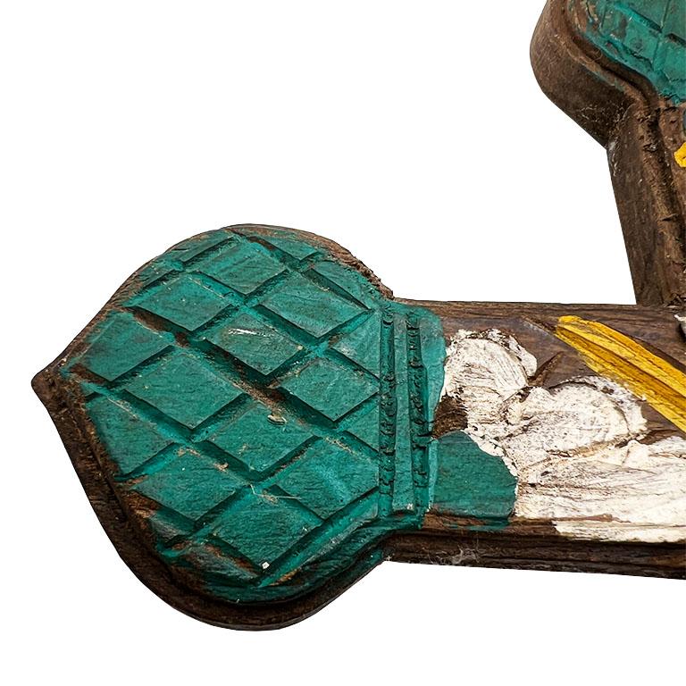 20th Century Antique Hand-Carved Wood Painted Mexican Cross with Floral Motif - Mexico For Sale