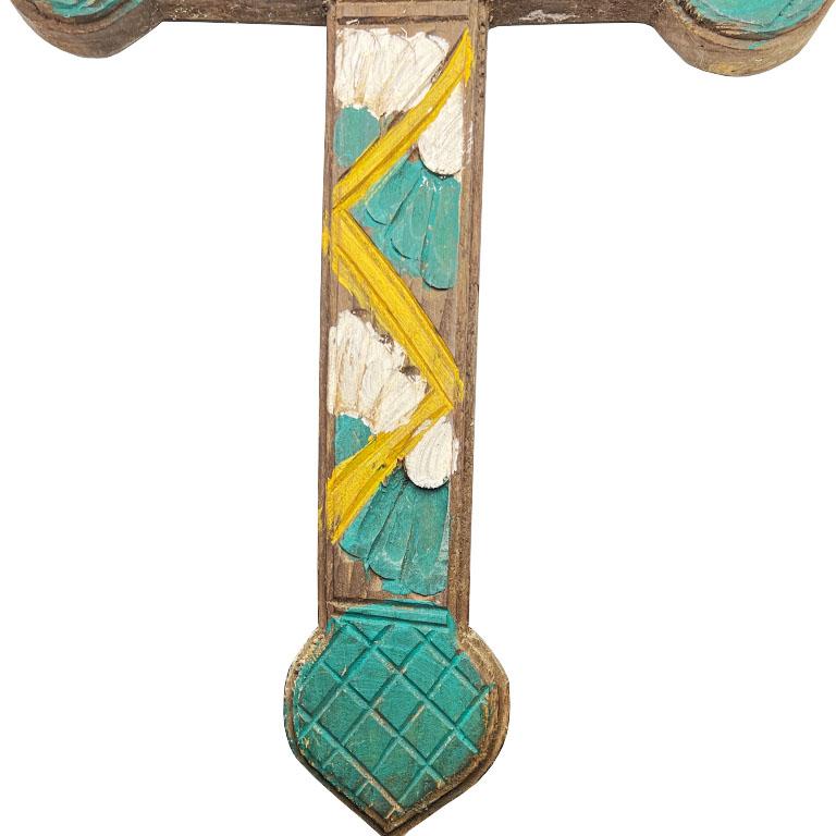 Antique Hand-Carved Wood Painted Mexican Cross with Floral Motif - Mexico For Sale 4