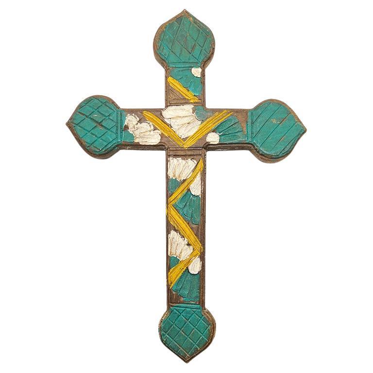 Antique Hand-Carved Wood Painted Mexican Cross with Floral Motif - Mexico