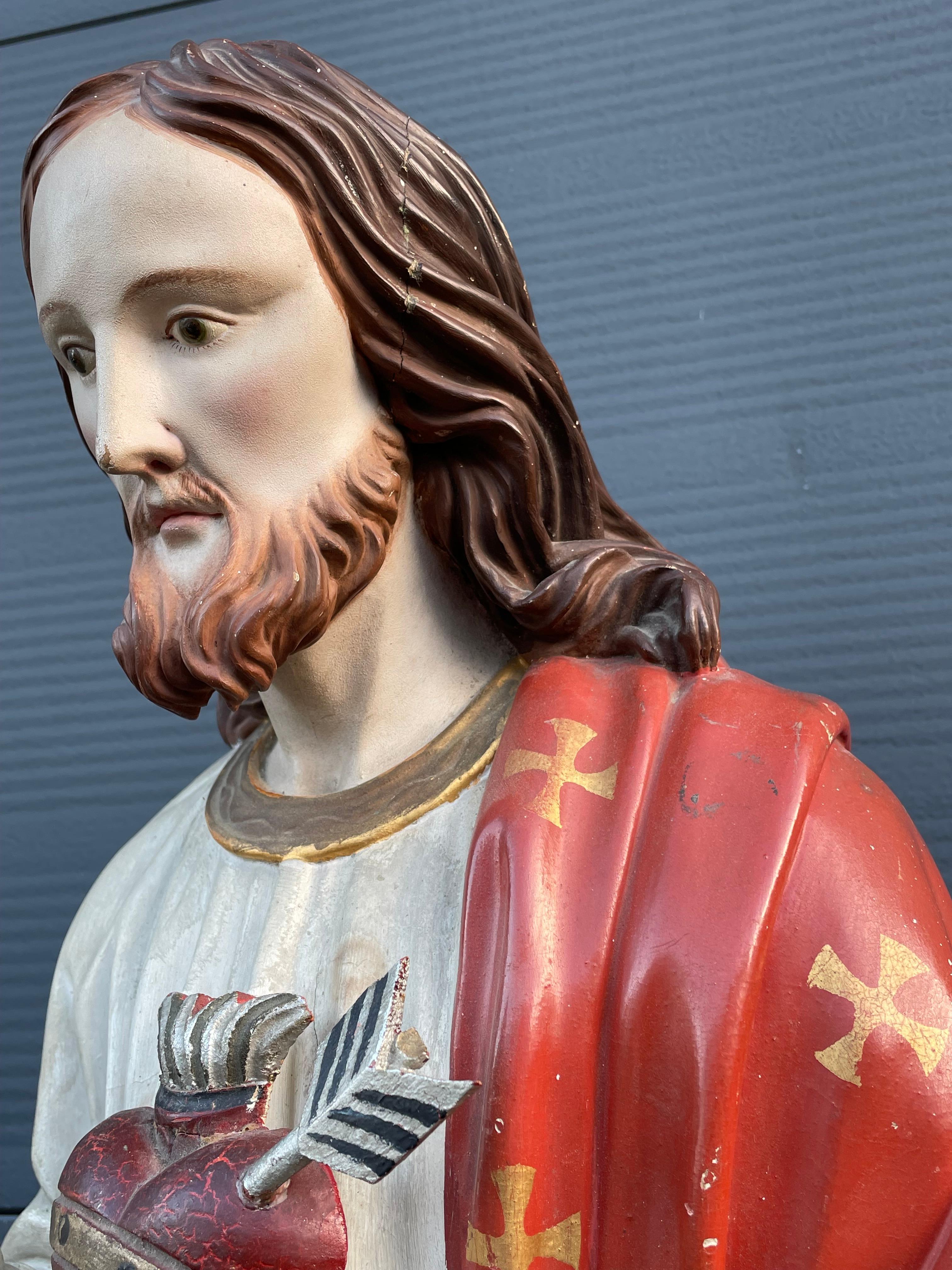 Antique Hand Carved Wood & Polychromed Sacred or Holy Heart of Christ Sculpture For Sale 3