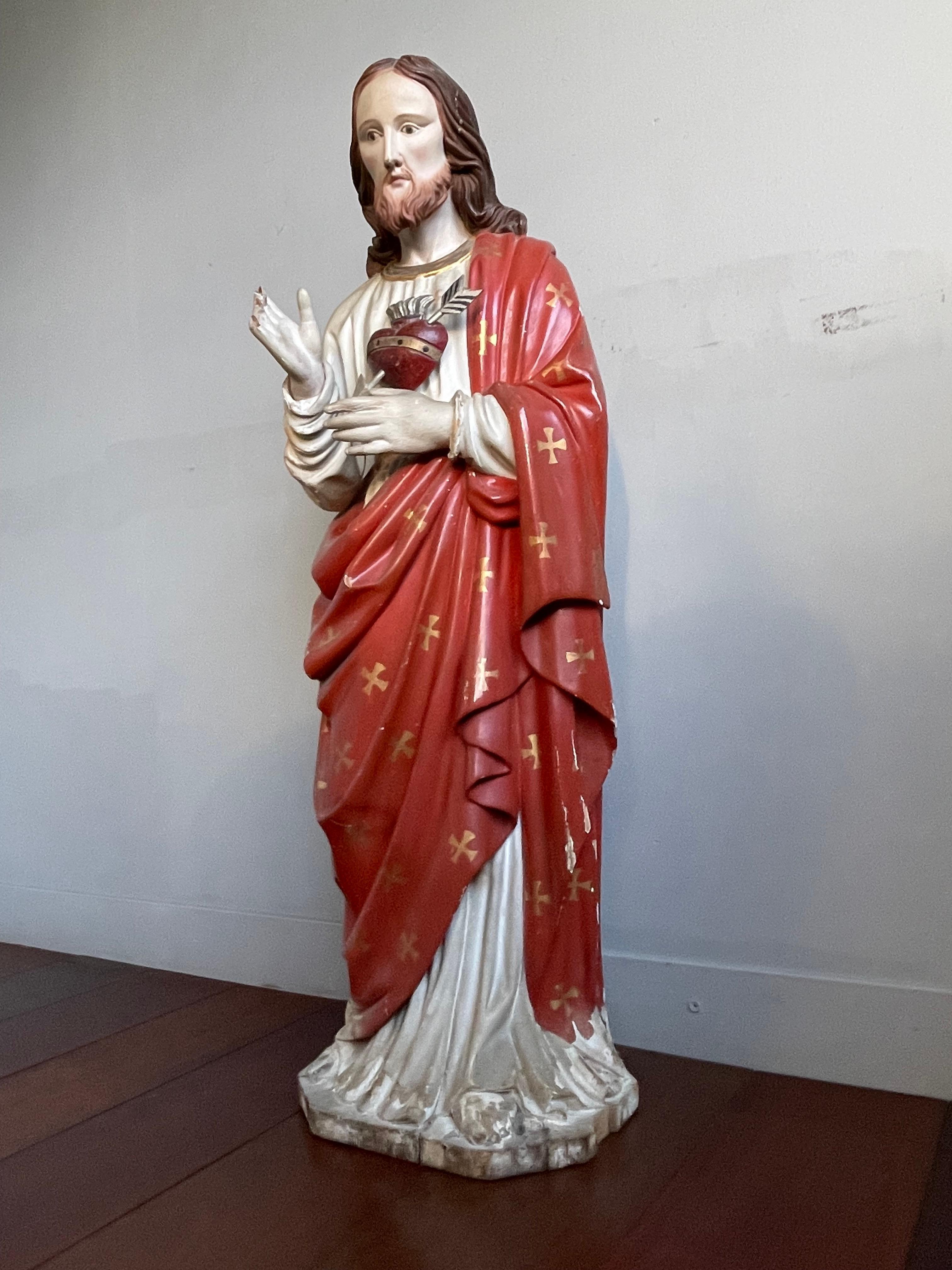 Antique Hand Carved Wood & Polychromed Sacred or Holy Heart of Christ Sculpture For Sale 5