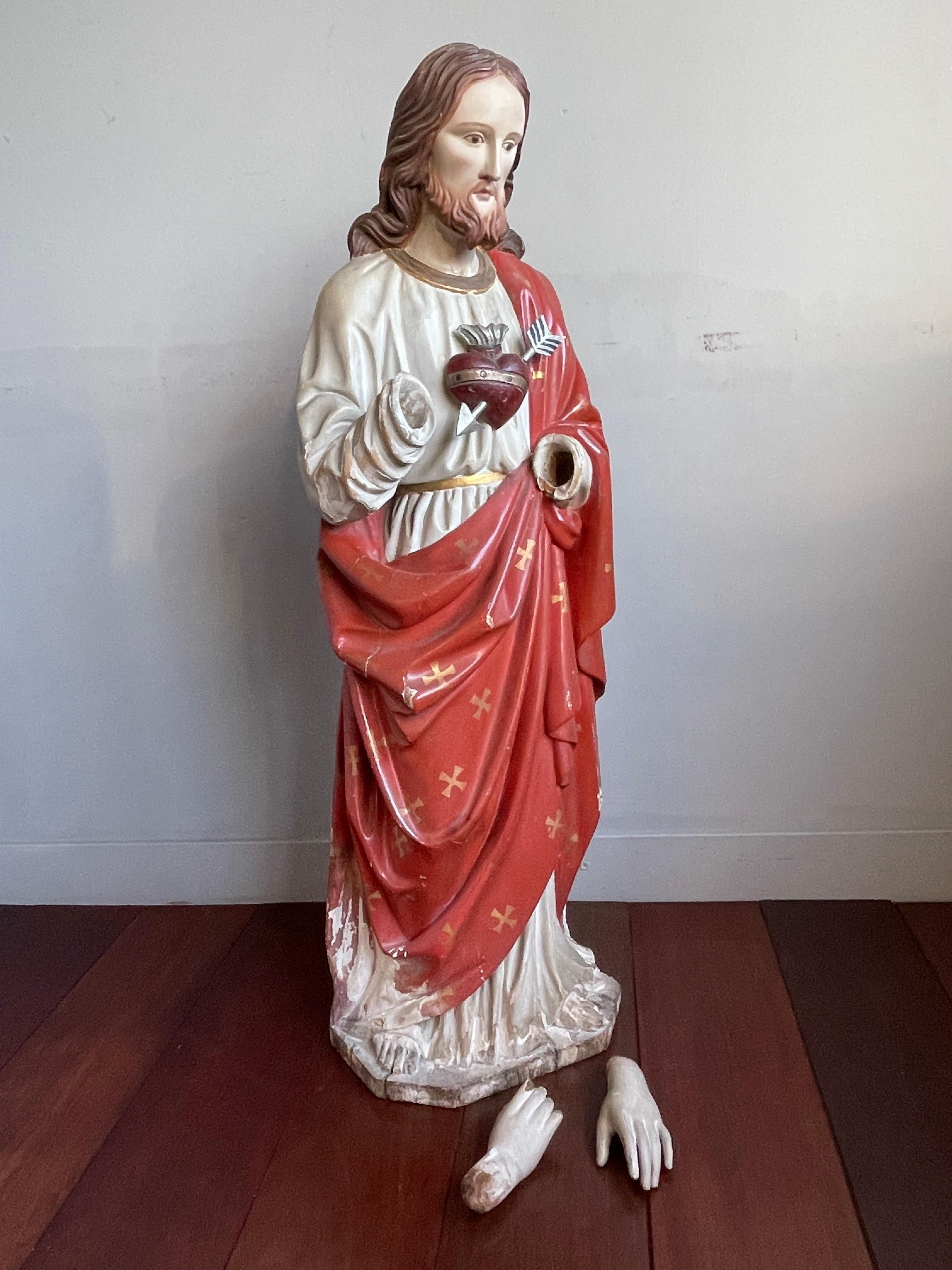 Antique Hand Carved Wood & Polychromed Sacred or Holy Heart of Christ Sculpture For Sale 6