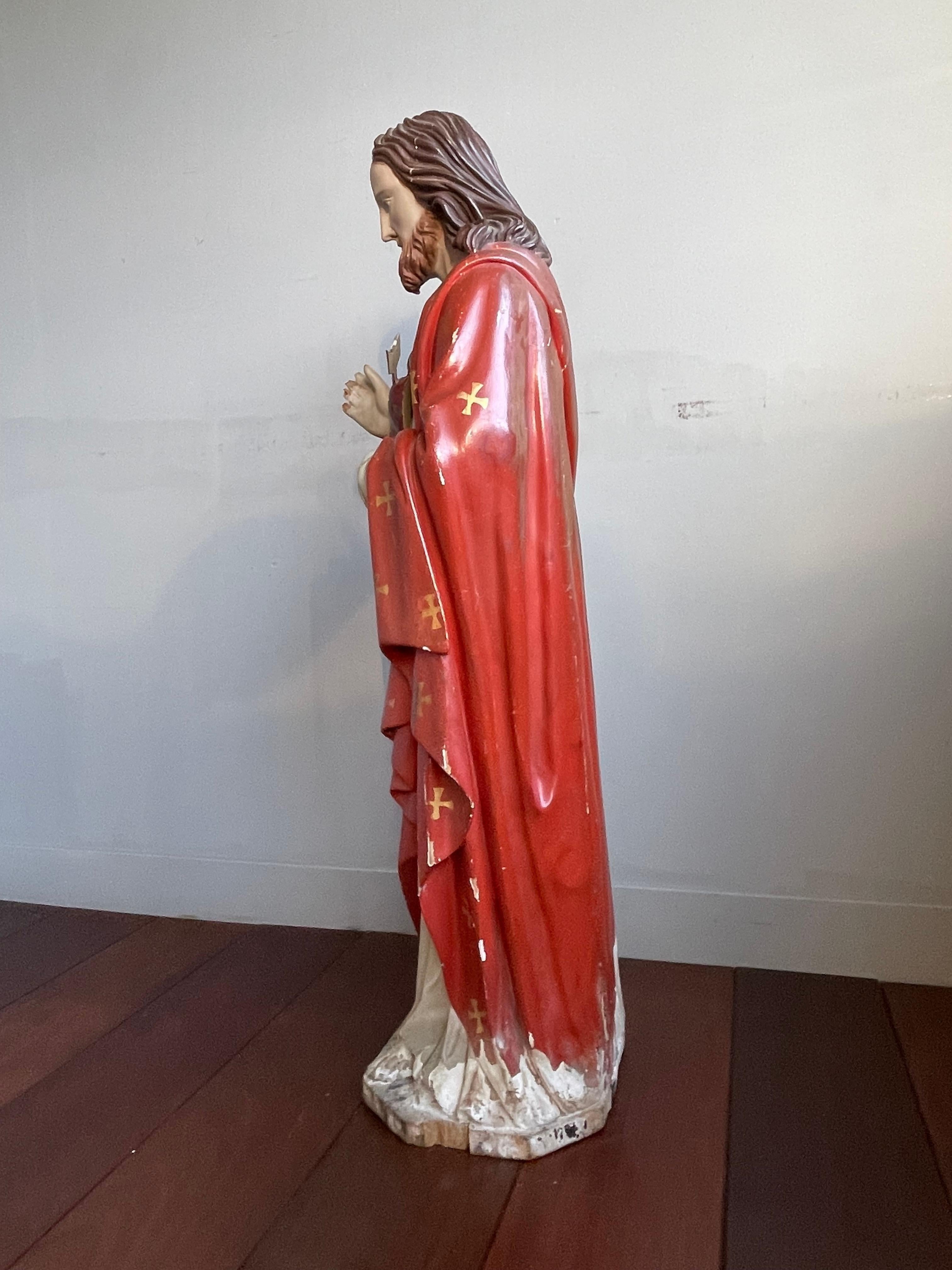 Antique Hand Carved Wood & Polychromed Sacred or Holy Heart of Christ Sculpture For Sale 9
