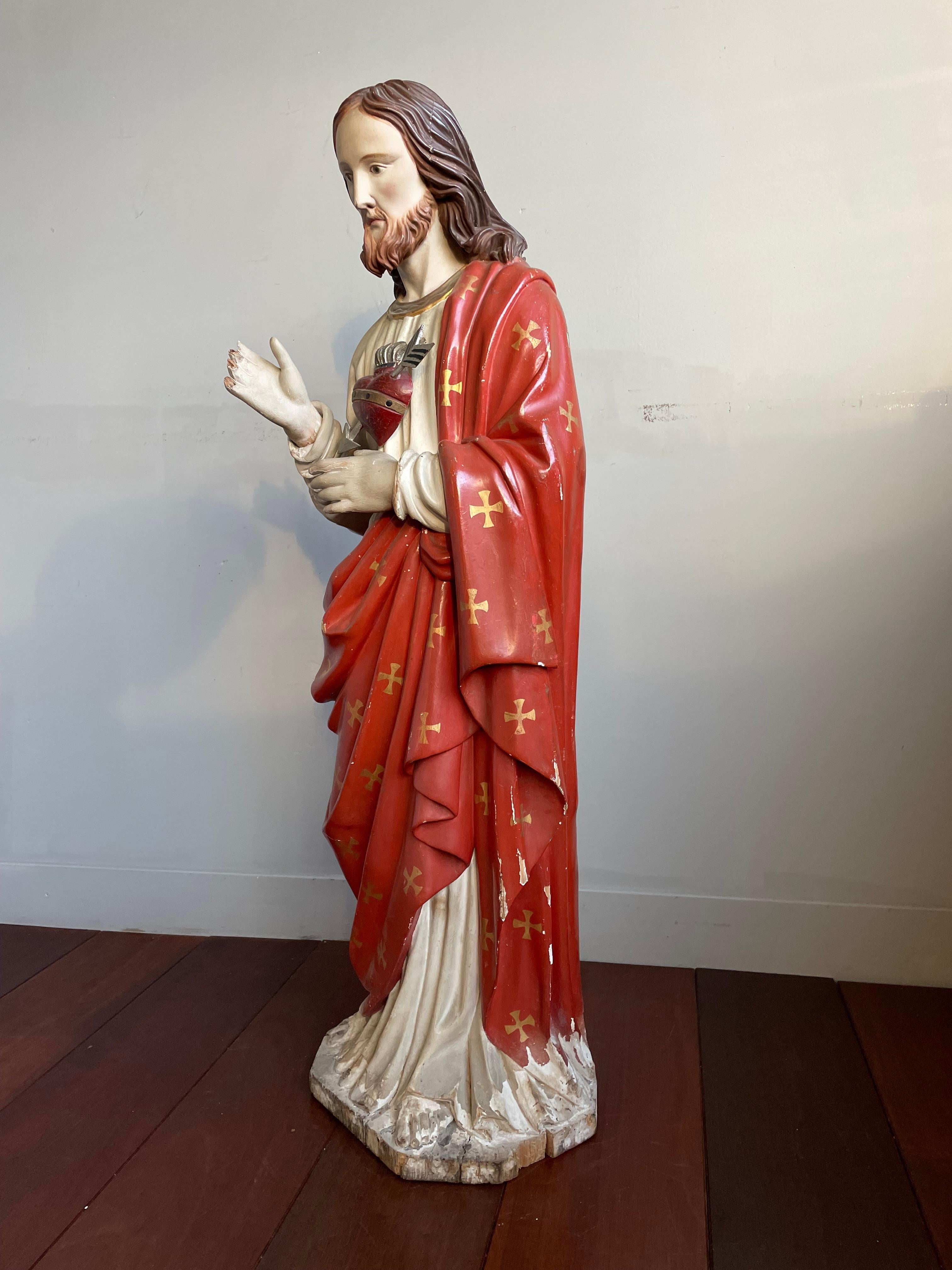 Antique Hand Carved Wood & Polychromed Sacred or Holy Heart of Christ Sculpture For Sale 10