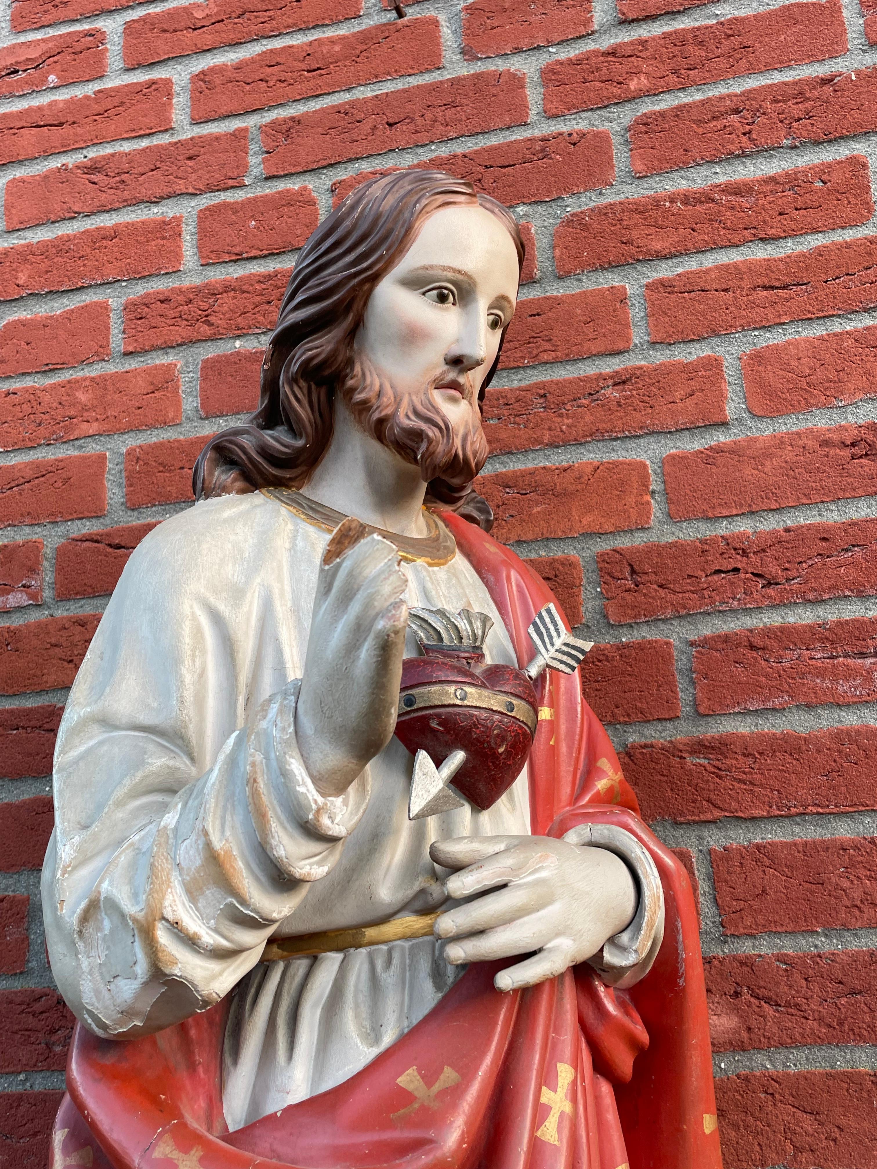 Antique Hand Carved Wood & Polychromed Sacred or Holy Heart of Christ Sculpture For Sale 11