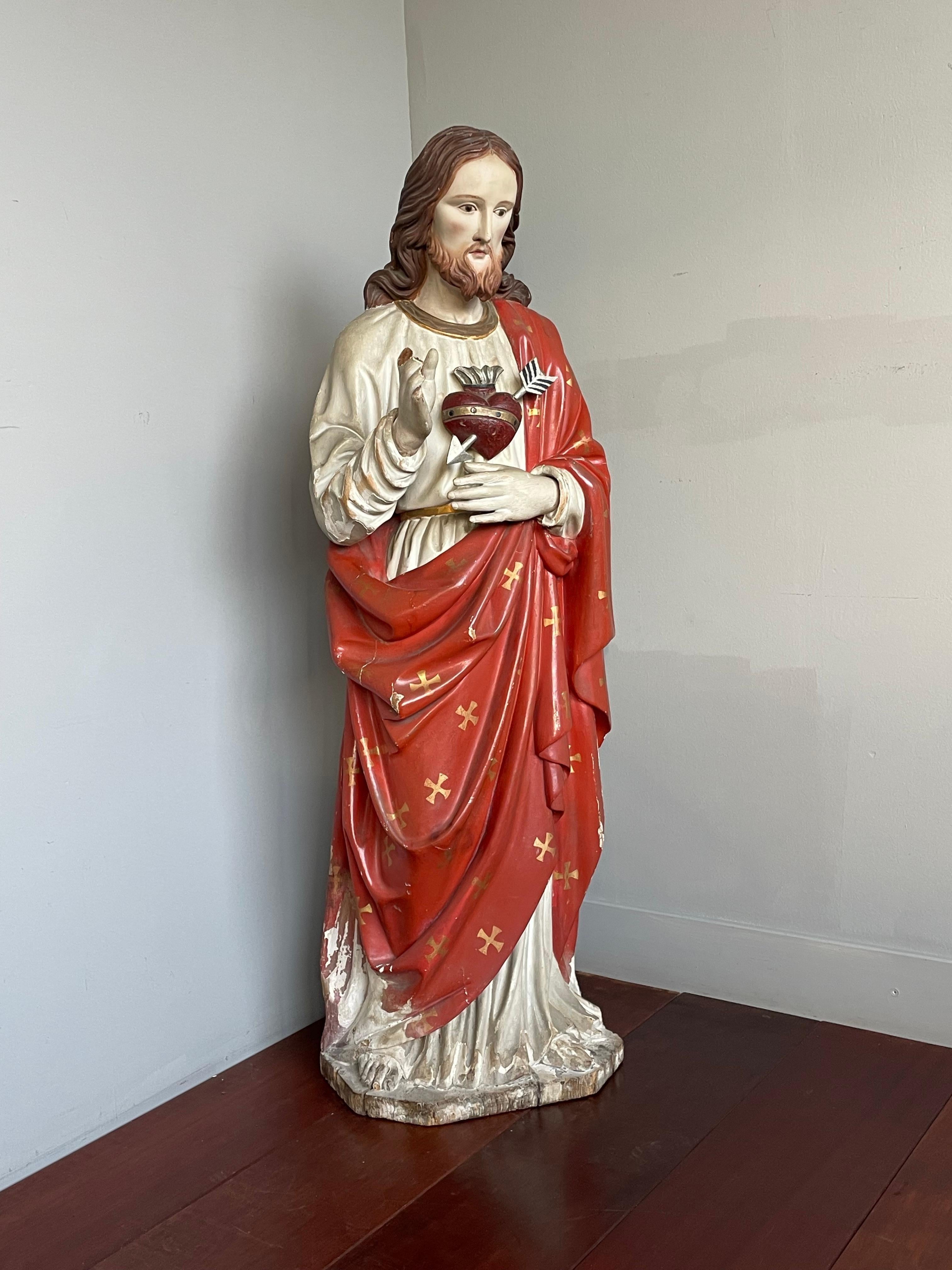 Antique Hand Carved Wood & Polychromed Sacred or Holy Heart of Christ Sculpture For Sale 13