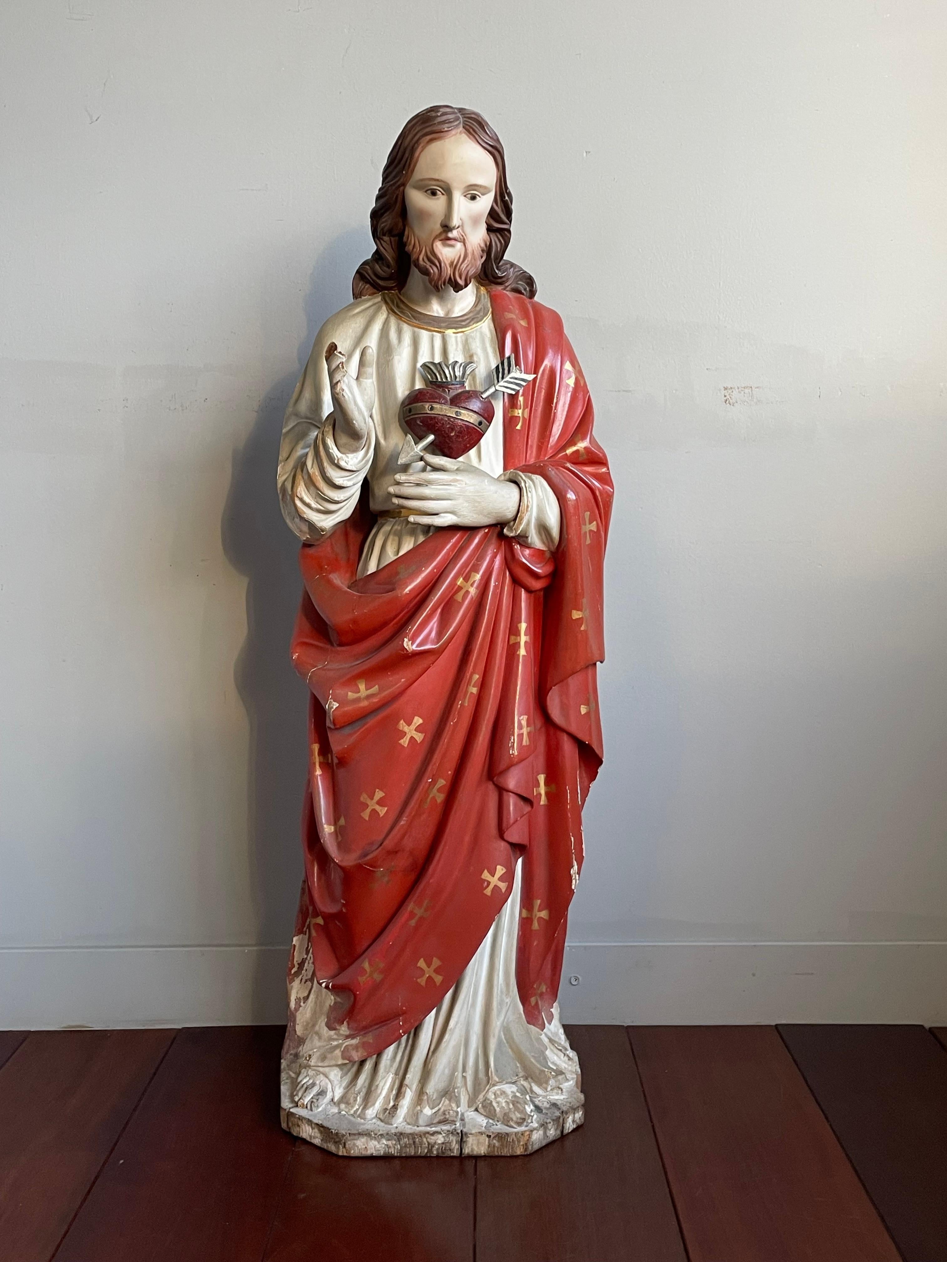 Renaissance Revival Antique Hand Carved Wood & Polychromed Sacred or Holy Heart of Christ Sculpture For Sale