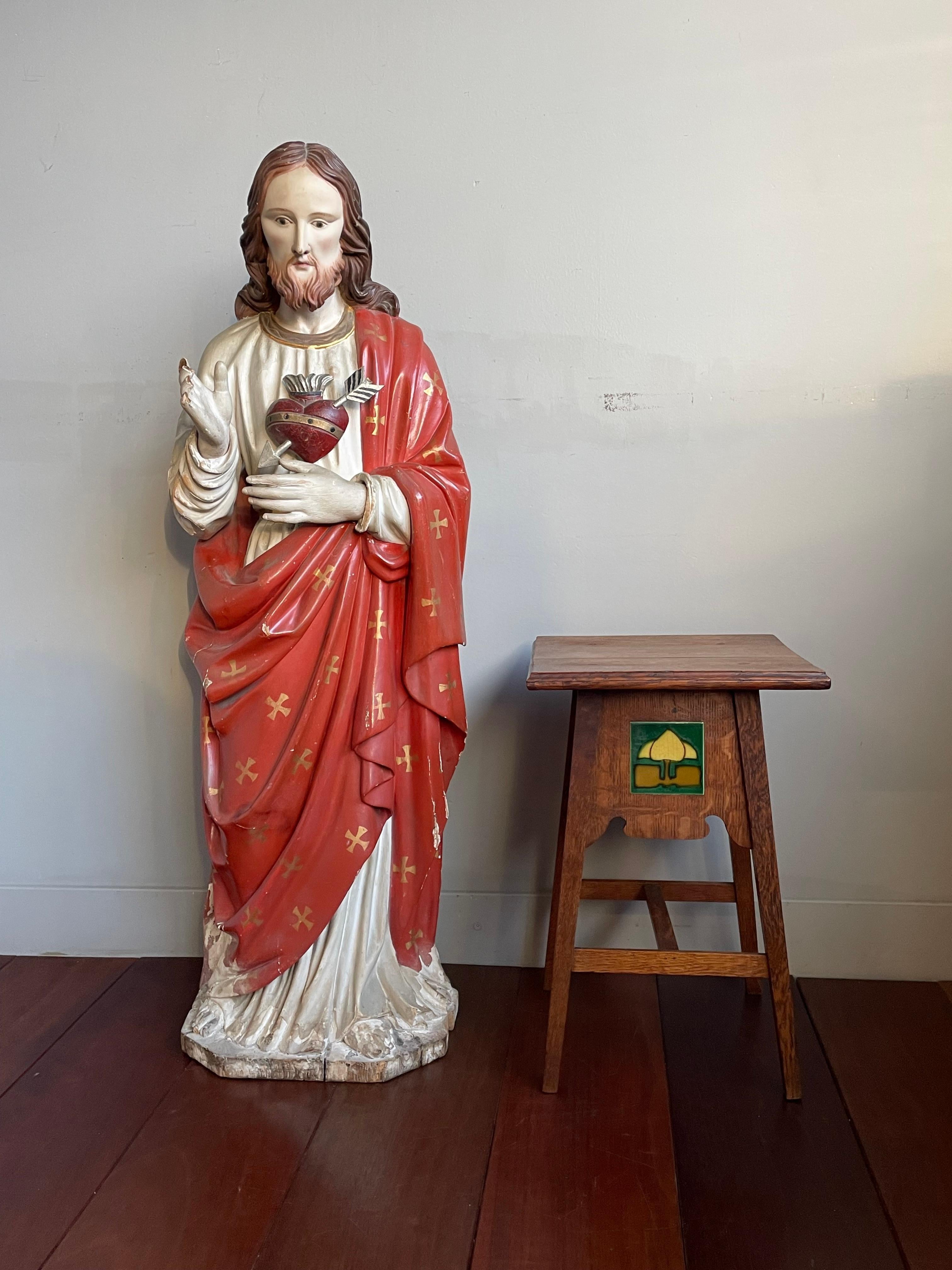 European Antique Hand Carved Wood & Polychromed Sacred or Holy Heart of Christ Sculpture For Sale