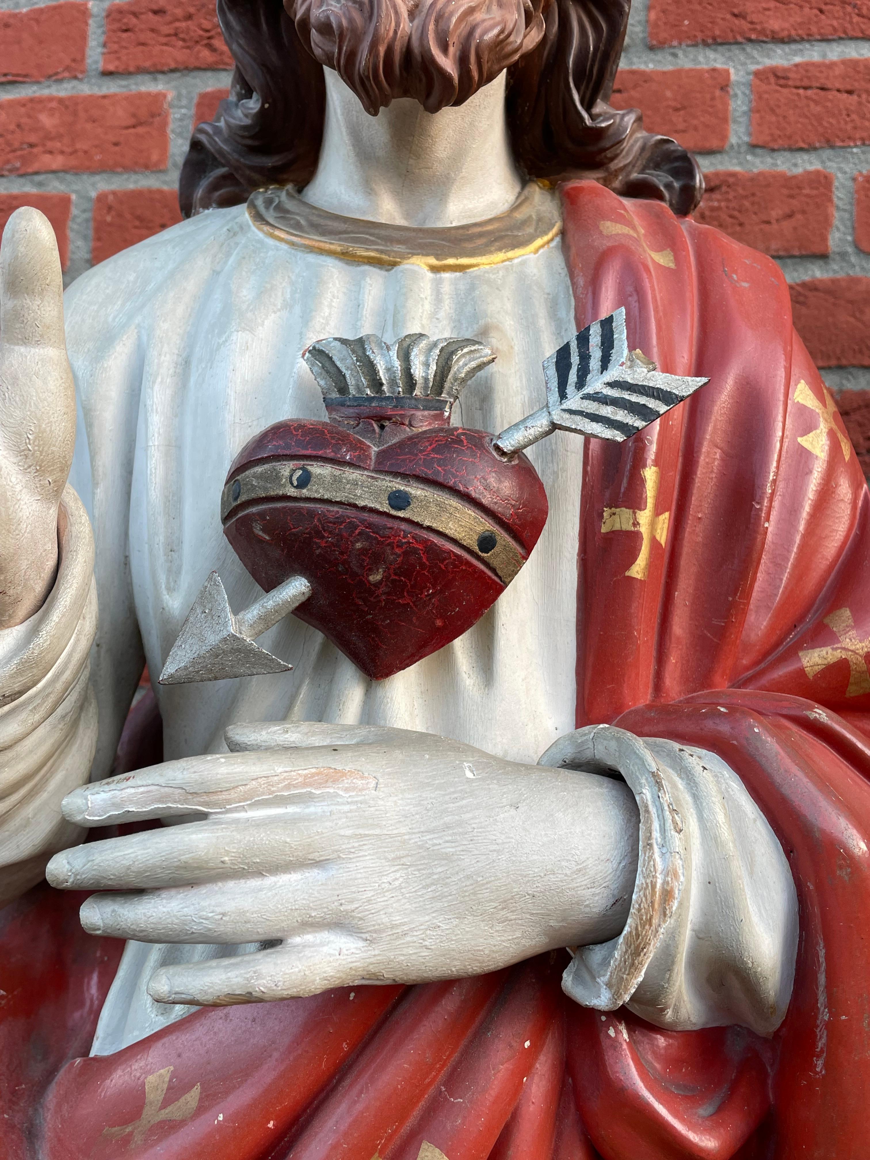 Antique Hand Carved Wood & Polychromed Sacred or Holy Heart of Christ Sculpture In Good Condition For Sale In Lisse, NL