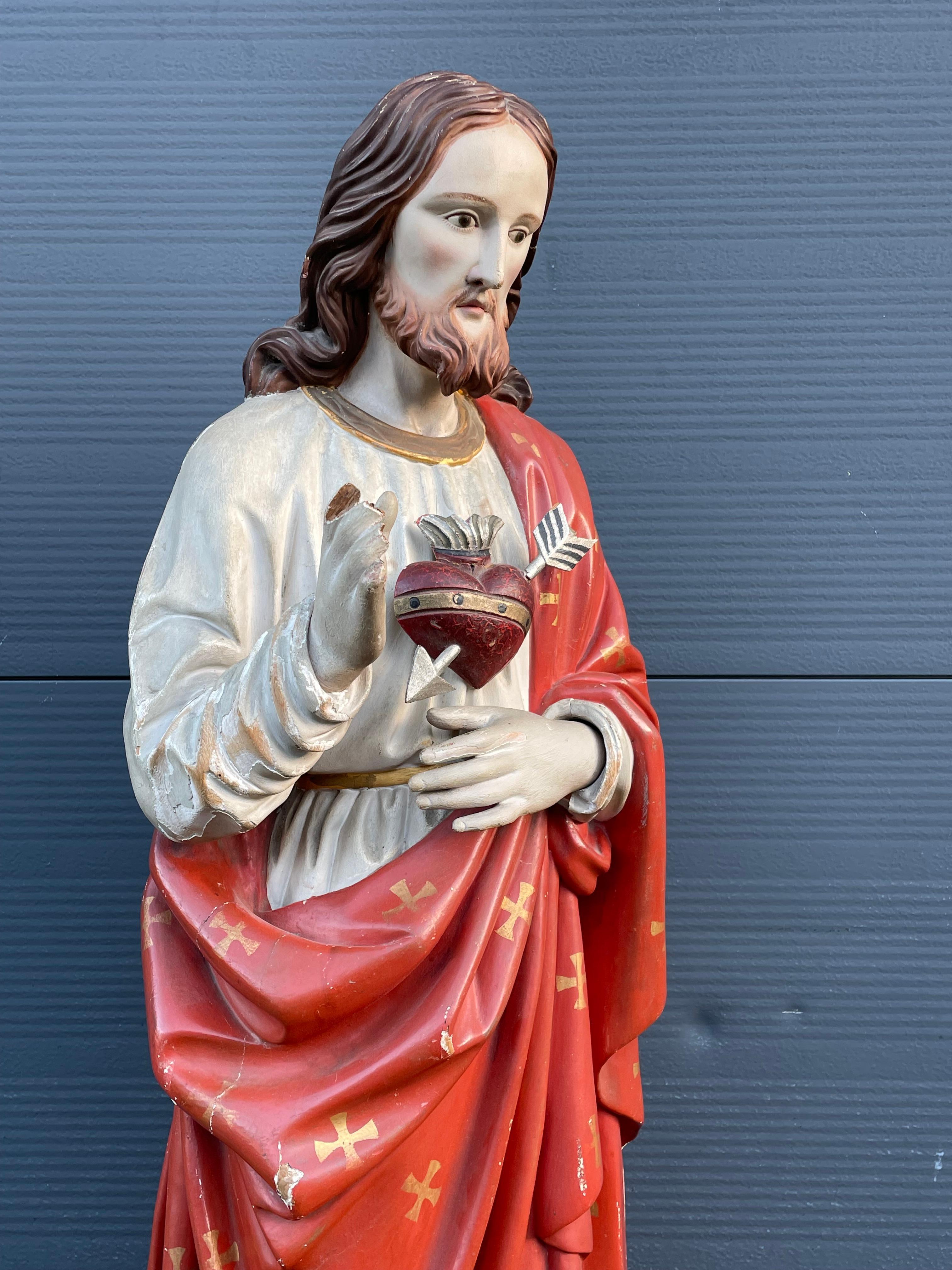 20th Century Antique Hand Carved Wood & Polychromed Sacred or Holy Heart of Christ Sculpture For Sale