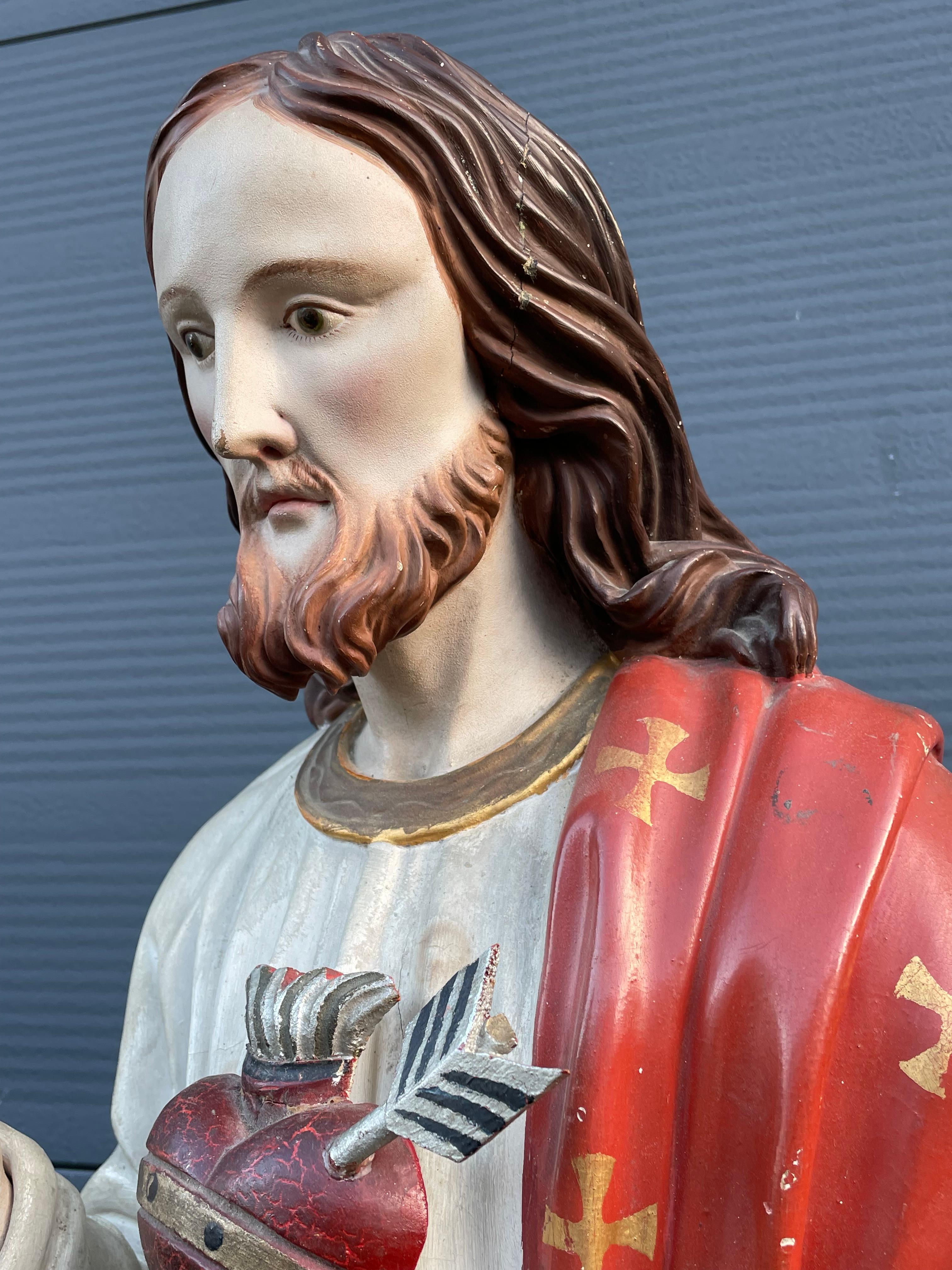 Antique Hand Carved Wood & Polychromed Sacred or Holy Heart of Christ Sculpture For Sale 1
