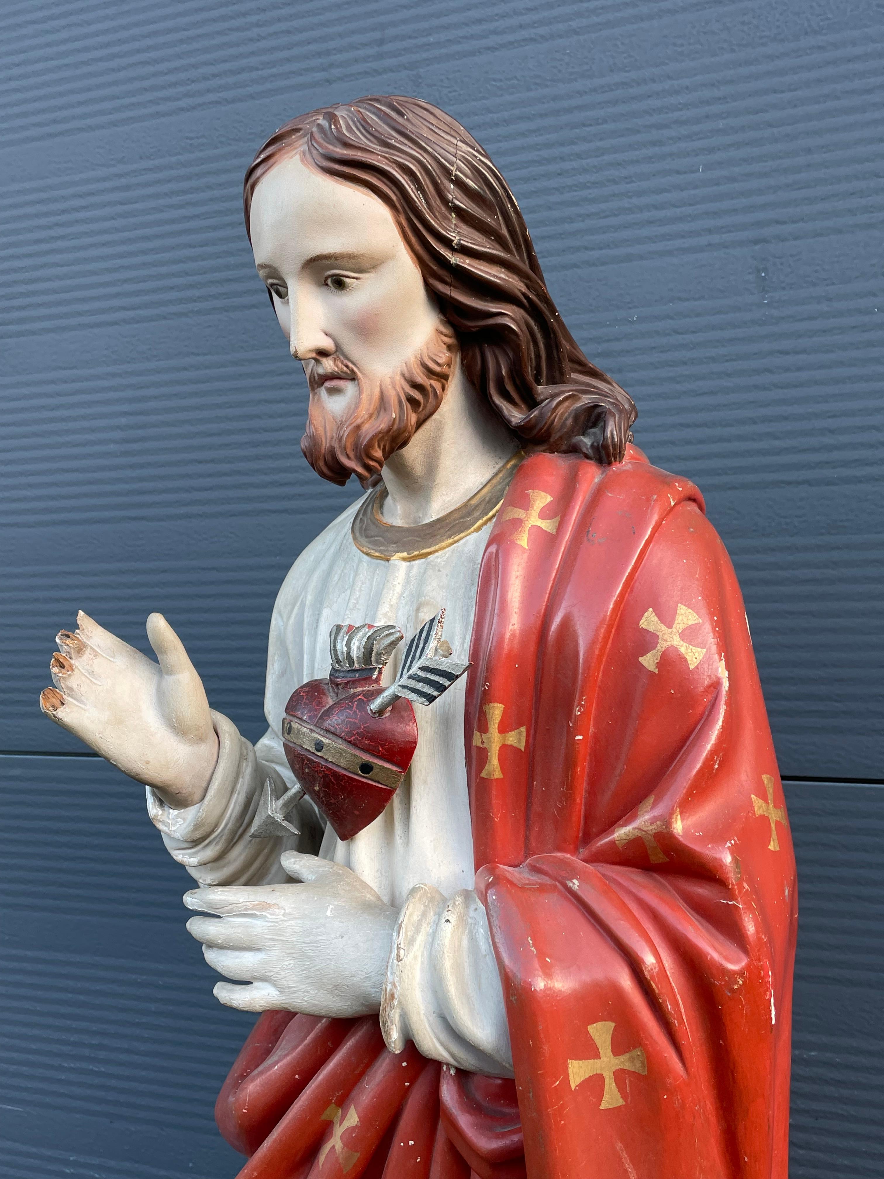 Antique Hand Carved Wood & Polychromed Sacred or Holy Heart of Christ Sculpture For Sale 2