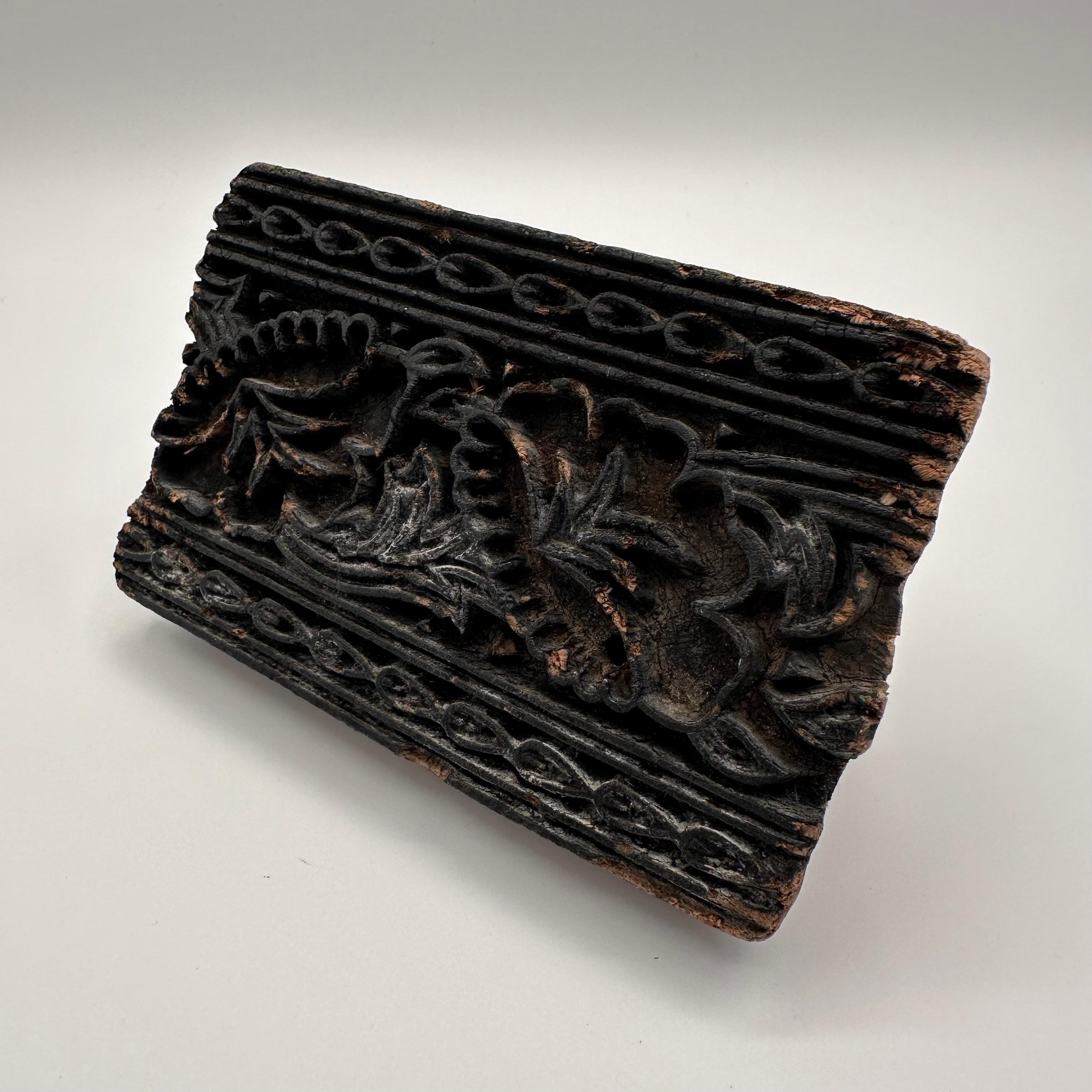 Antique Hand Carved Wood Printing Block in Black with Floral Pattern For Sale 4
