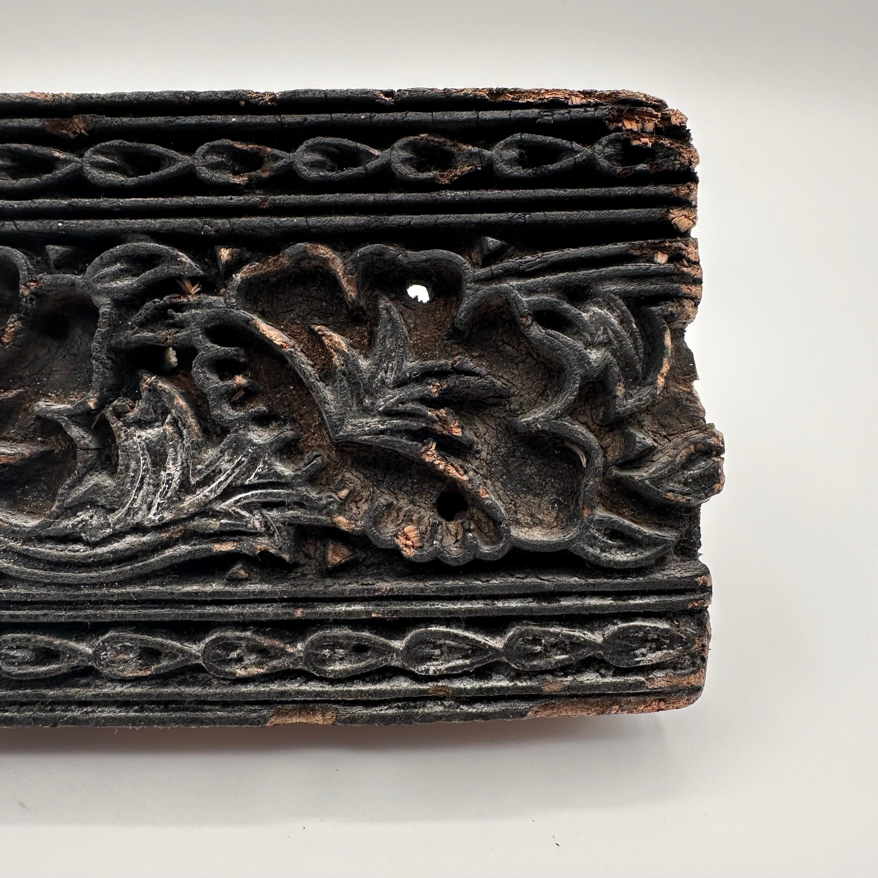 Indian Antique Hand Carved Wood Printing Block in Black with Floral Pattern For Sale